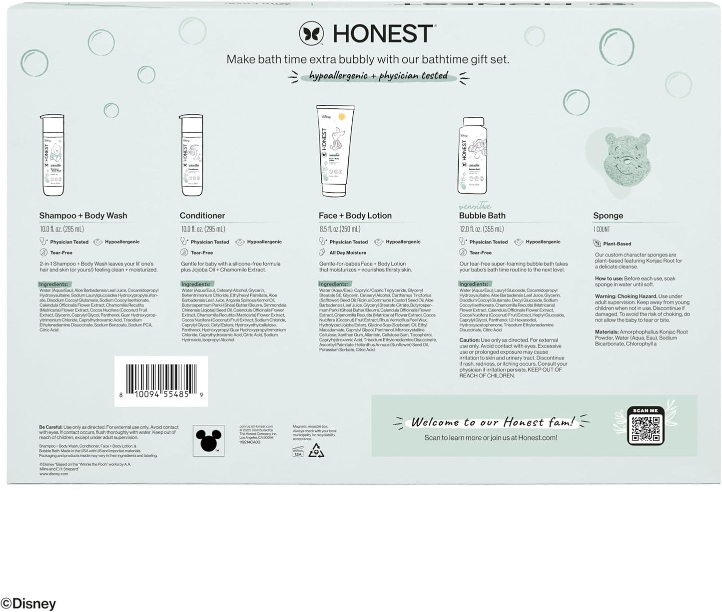 The Honest Company Fragrance-Free Bathtime Gift Set, Disney Design, Hypoallergenic, Bath Essentials for Sensitive Skin, Shampoo and Body Wash, Face Lotion, Bubble Bath, Conditioner, Sponge