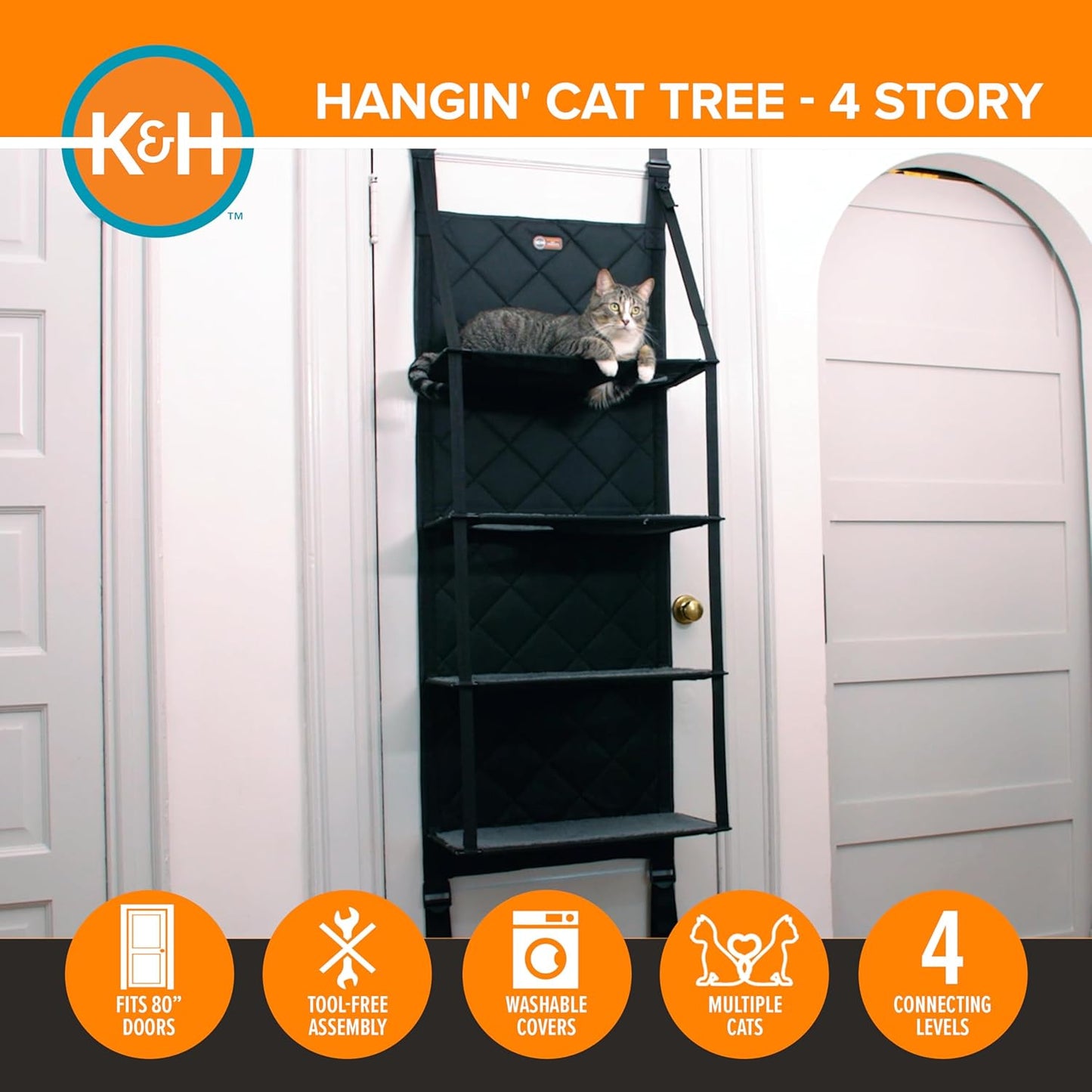 K&H Pet Products Hangin Cat Tree Door Mounted Cat Furniture, Space Saving Multi-Level Wall Perch Hammock Bed, Interconnecting Levels, Collapsible, Tool-Free Assembly - Gray - Fits Doors <80in H