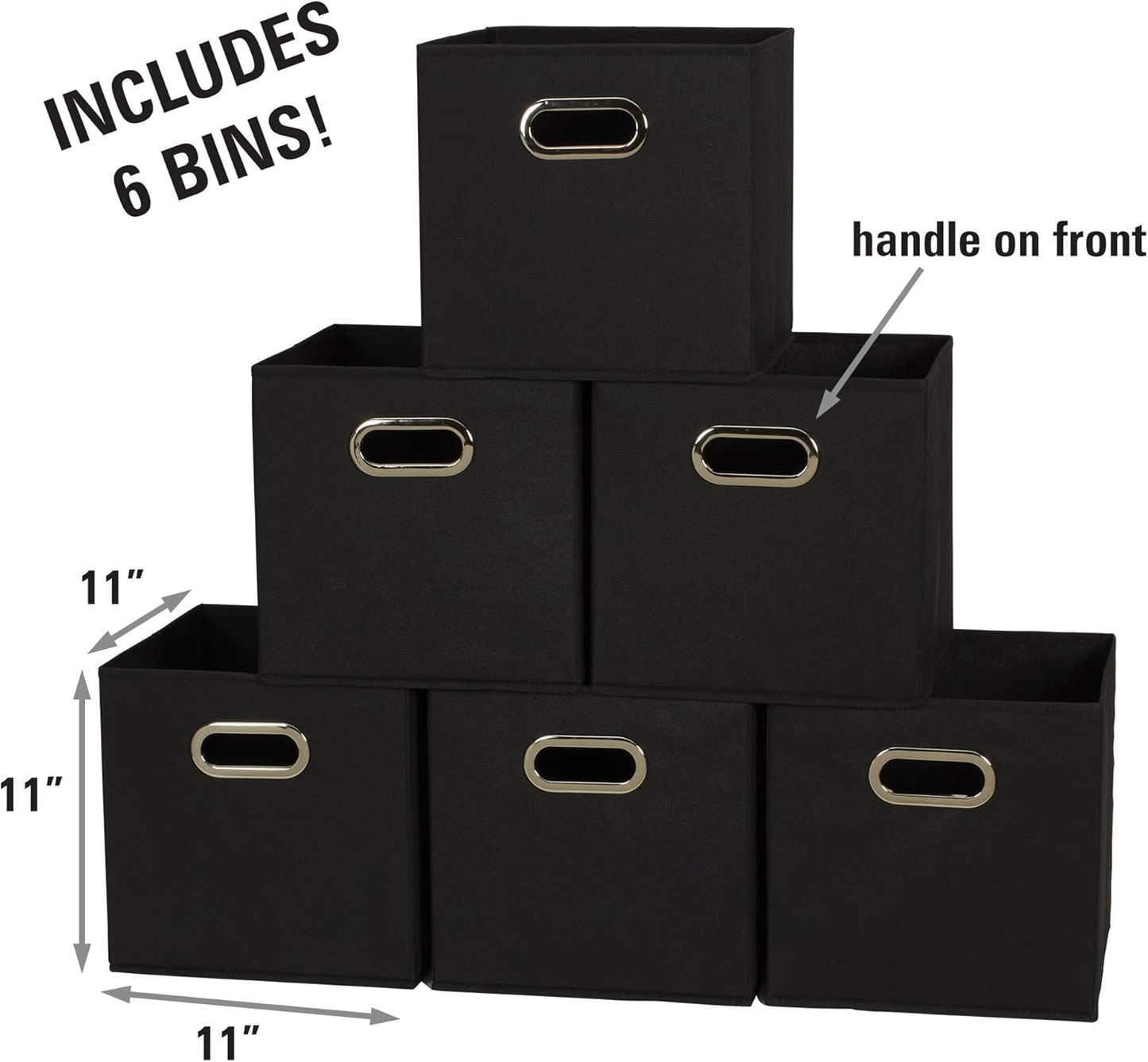 Household Essentials Foldable Fabric Storage Bins 6 Piece Set, Strong Poly-Woven Fabric, Sturdy Chipboard Sides, Grommet Front Handle, Stackable and Foldable, Classic Design, Black