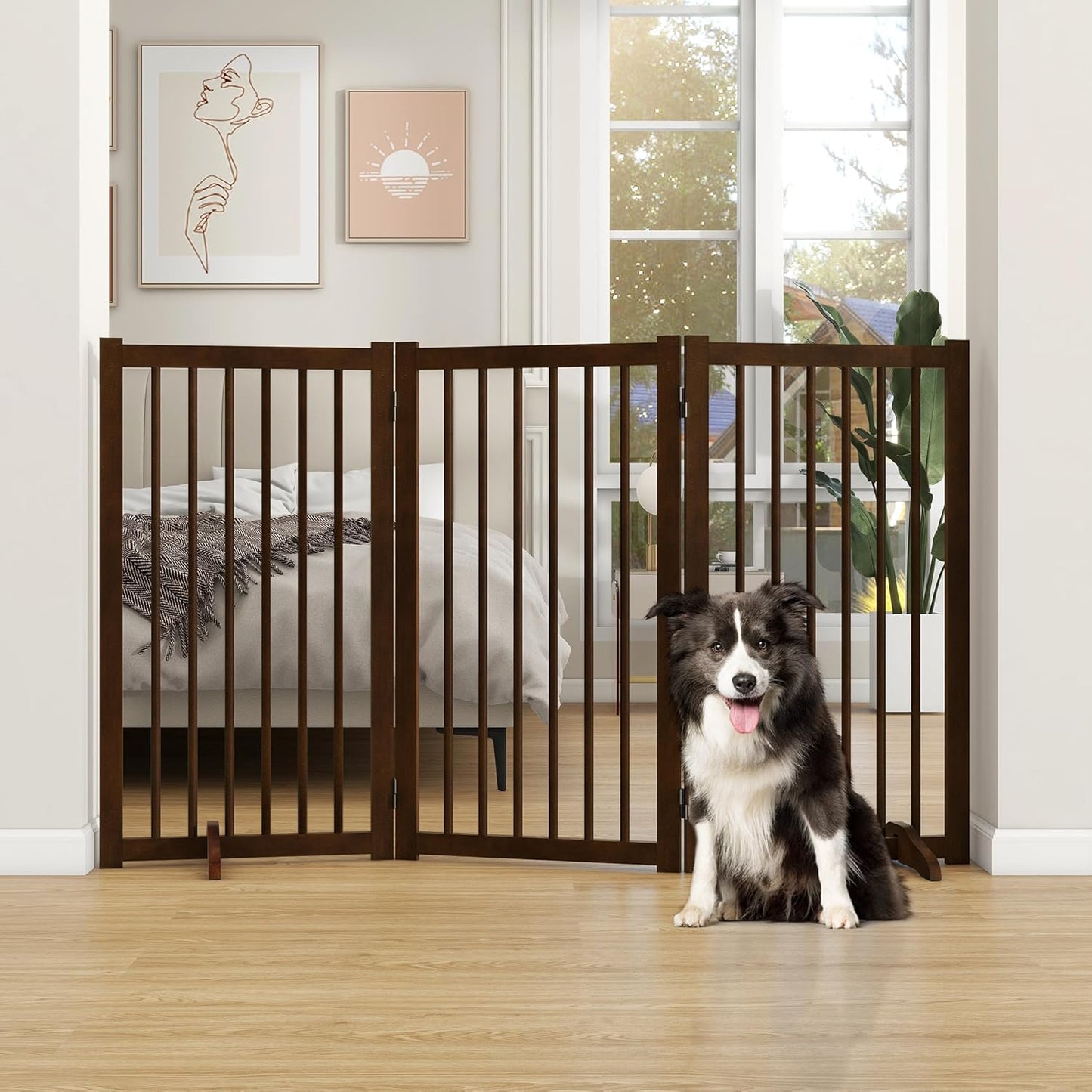36" H Freestanding Dog Gate, Solid Wood Foldable Pet Gate with Support Feet, Wooden Tall Dog Gate for Doorway, Stairs & Indoor Use, 60" Wide Expandable Pet Fence, 3 Panels, Walnut