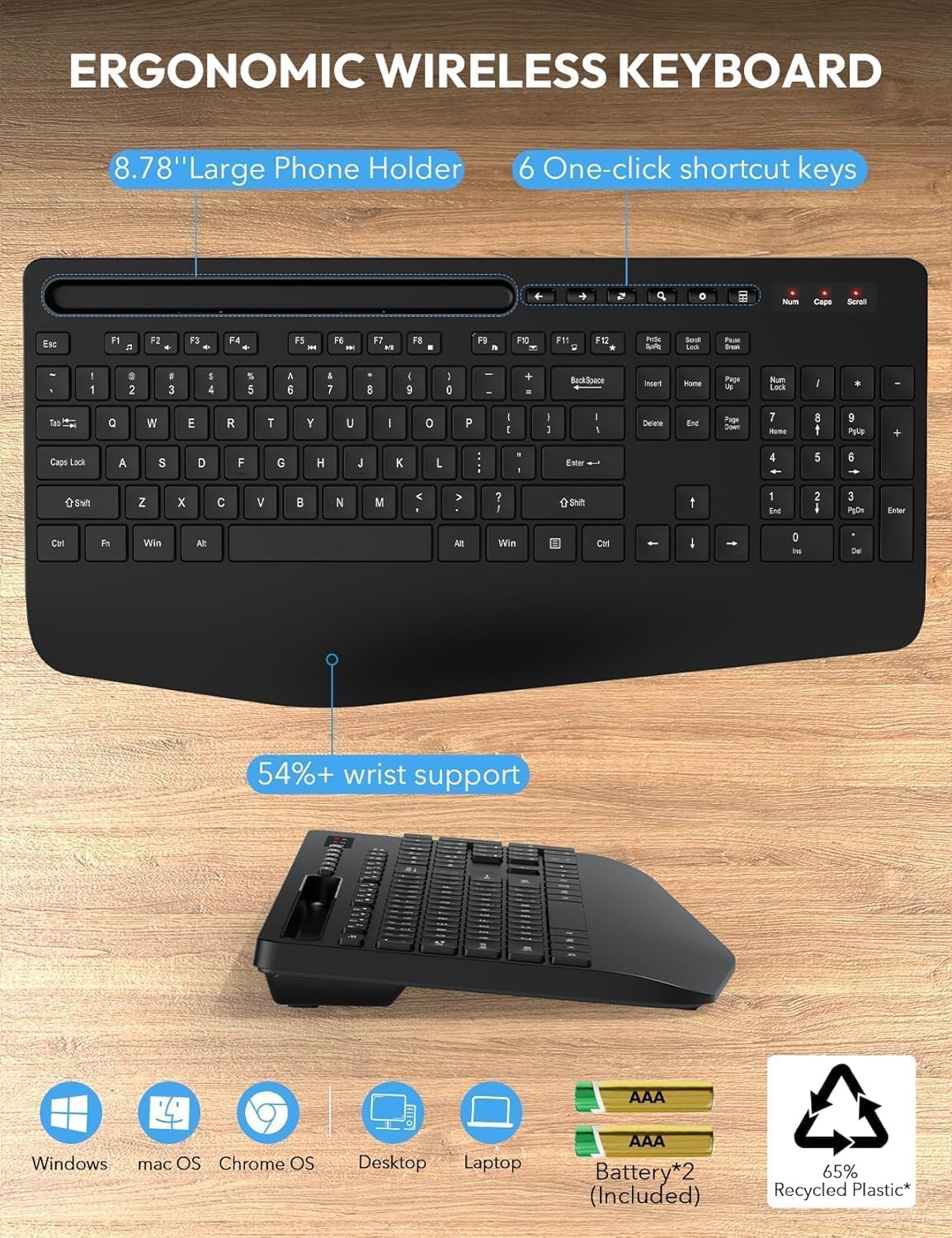 Wireless Keyboard and Mouse Combo - Full Size Ergonomic Wrist Rest, Silent Typing, Phone Holder, 2.4 GHz, 3 Level DPI, Batteries Powered, KM23D Set Compatible with PC, Laptop, Windows, macOS -SABLUTE