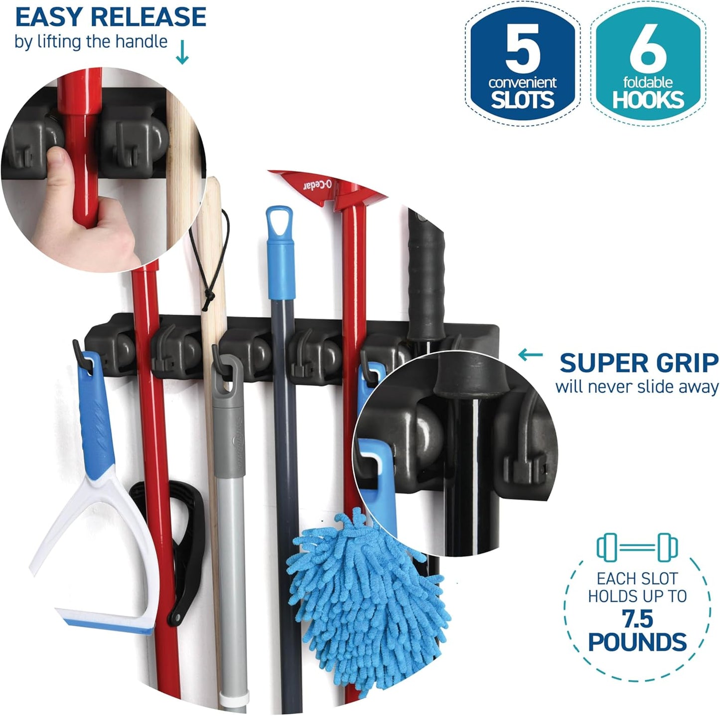 Mop and Broom Holder Wall Mount - Garage Storage Organizer with 5 Slots, 6 Hooks, 7.5lbs Capacity Per Slot - Home, Kitchen, Closet, Garden Tools, Laundry Room Organization – Black Broom Hanger