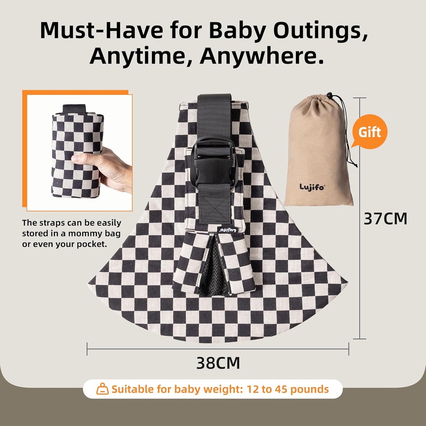 Baby Sling Carrier, Lightweight Portable Baby Carrier for Toddlers, Toddler Sling Carrier with Adjustable Front & Back Shoulder Straps – Fits Babies 6 to 48 Months (Ebony Check)
