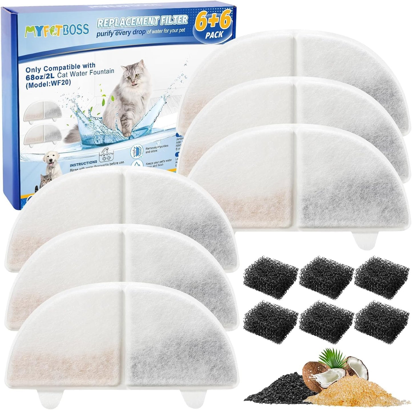 WF20/CF20 Cat Water Fountain Filter Replacement for Wireless Pumps Pet Fountain, 6 Pack Pet Filter Replacement with 6 Pack Water Pump Filters