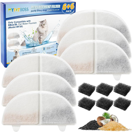 WF20/CF20 Cat Water Fountain Filter Replacement for Wireless Pumps Pet Fountain, 6 Pack Pet Filter Replacement with 6 Pack Water Pump Filters