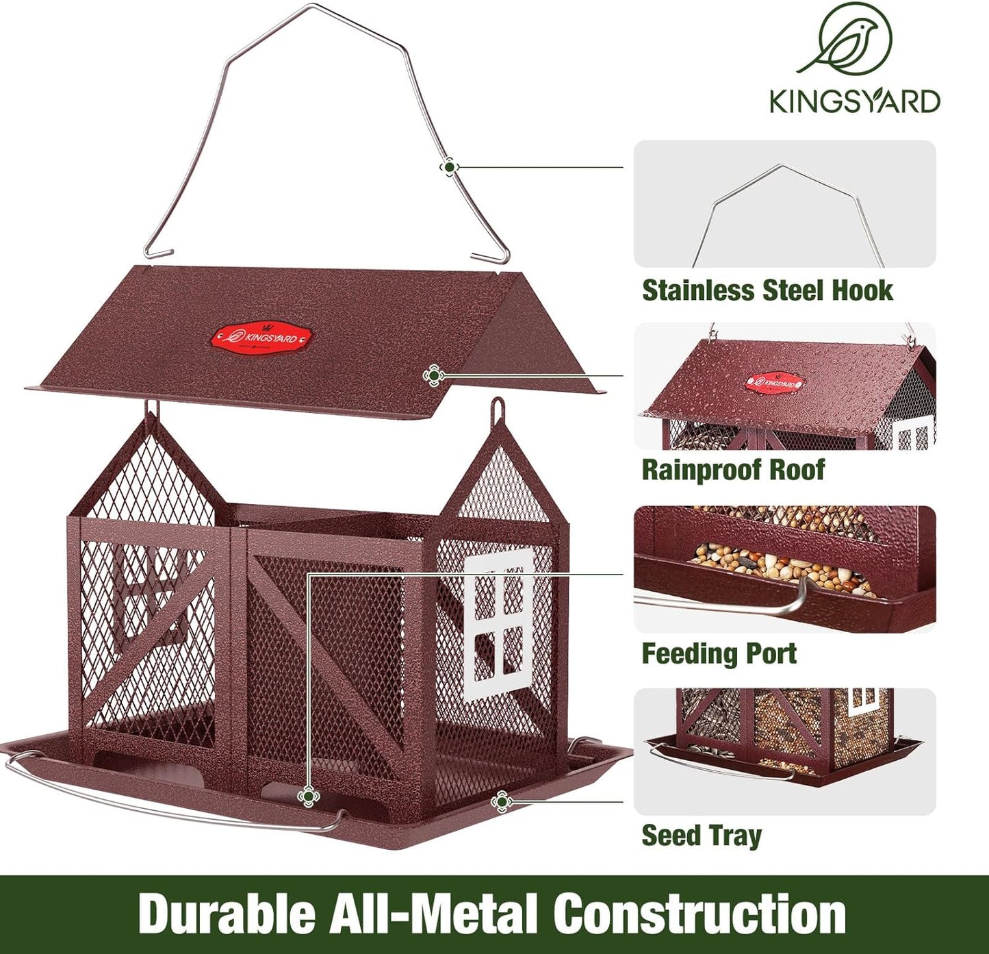 Kingsyard Metal Bird Feeder for Outdoors Hanging, 2-in-1 Wild Bird Feeder with Seed Tray & Built-in Perch, 5 lb Large Capacity for Cardinal Chickadee Finch, Bronze