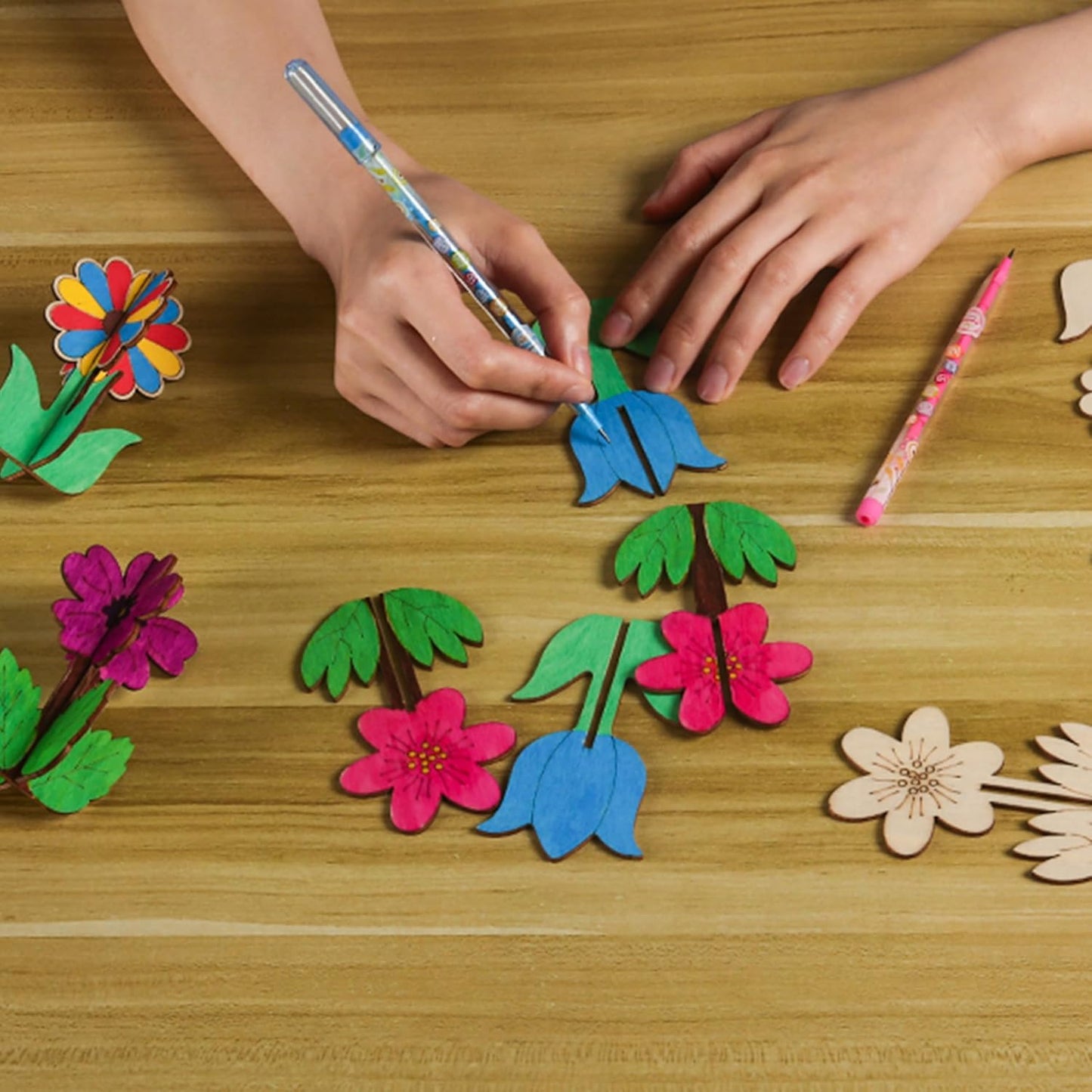 DIY 3D Flower Spring Wood Crafts to Paint, Spring Unfinished Wooden Slices for Craft, Flowers Ornaments for Painting Decorations (32 PCS)