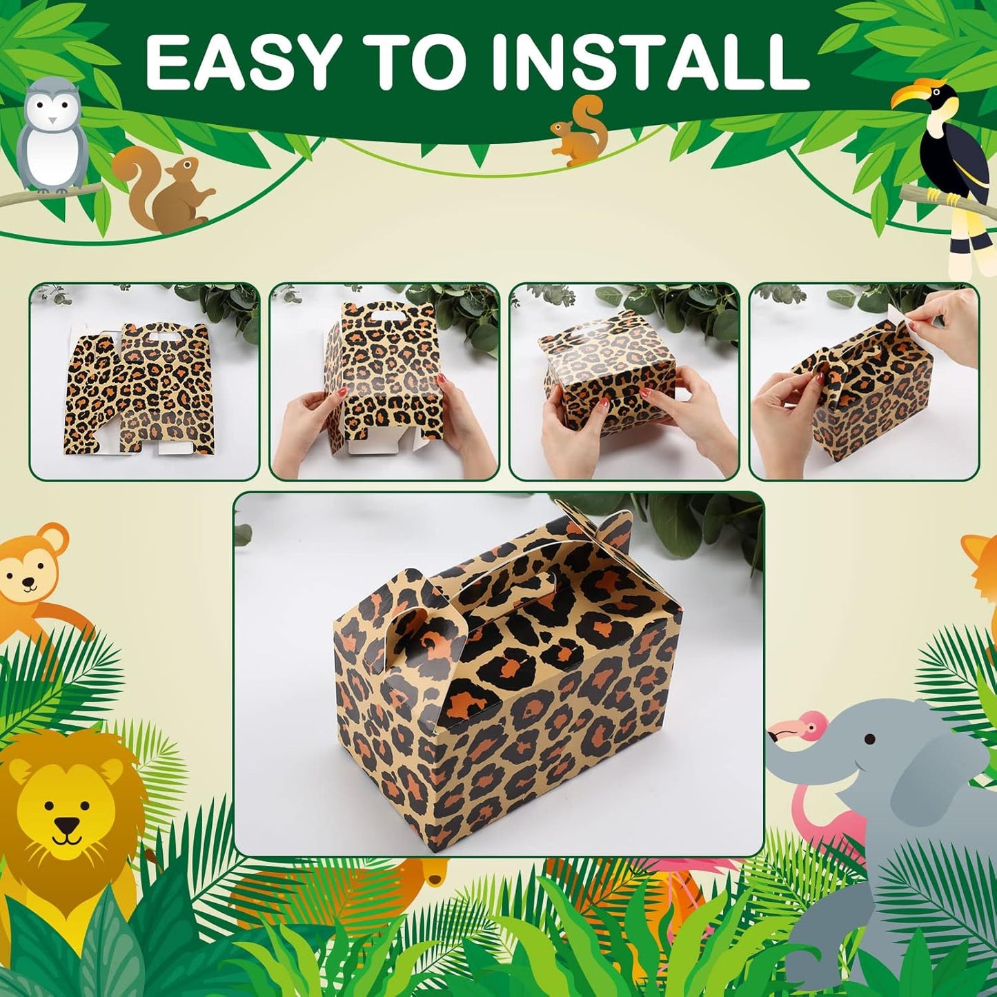 Spakon 24 Pcs Safari Gift Bags Bulk Jungle Animal Party Favor Boxes Zoo Wild Animal Print Gift Goodie Candy Bags Paper Wildlife Treat Boxes for Kids Safari Birthday Baby Shower Decoration Supplies