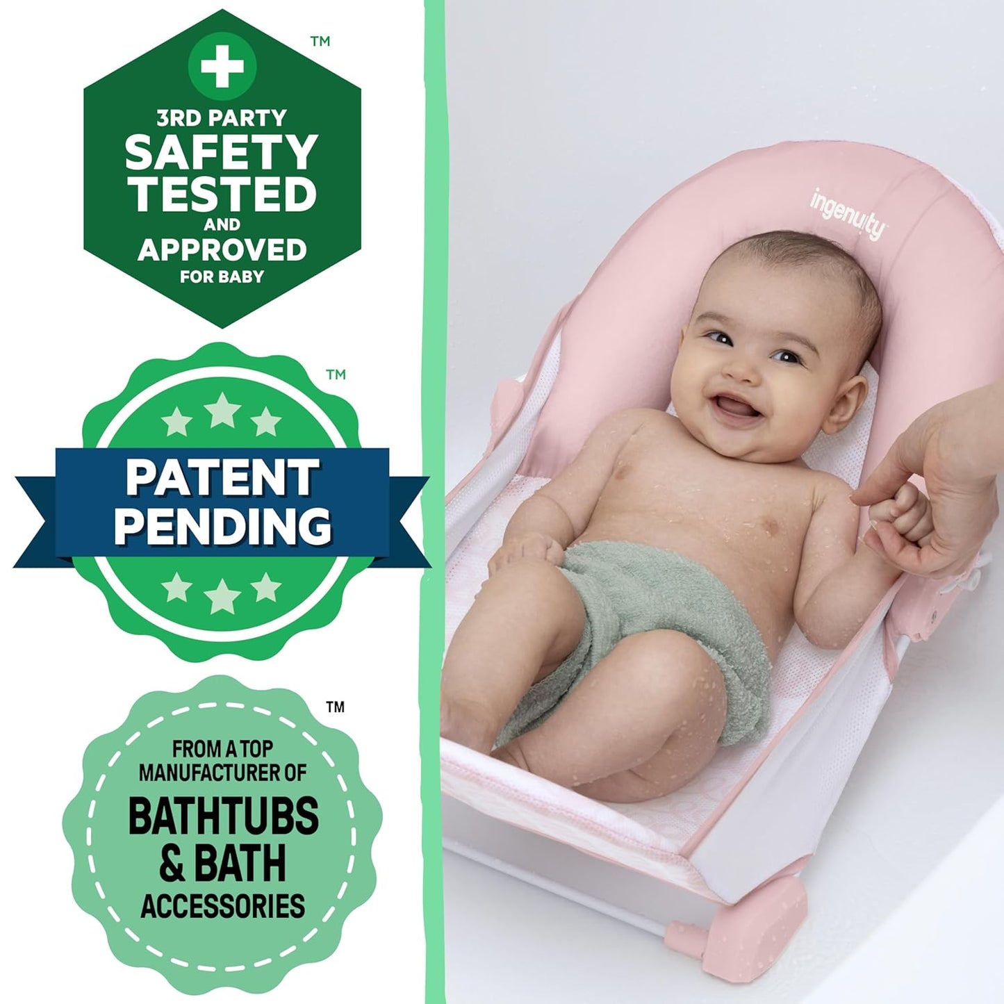 Ingenuity Foldaway 2-Position Bather, 2-Position Adjustable Support Baby Bath seat for Sink or Bathtub, Ages 0-6 Months, up to 20 pounds, Pink