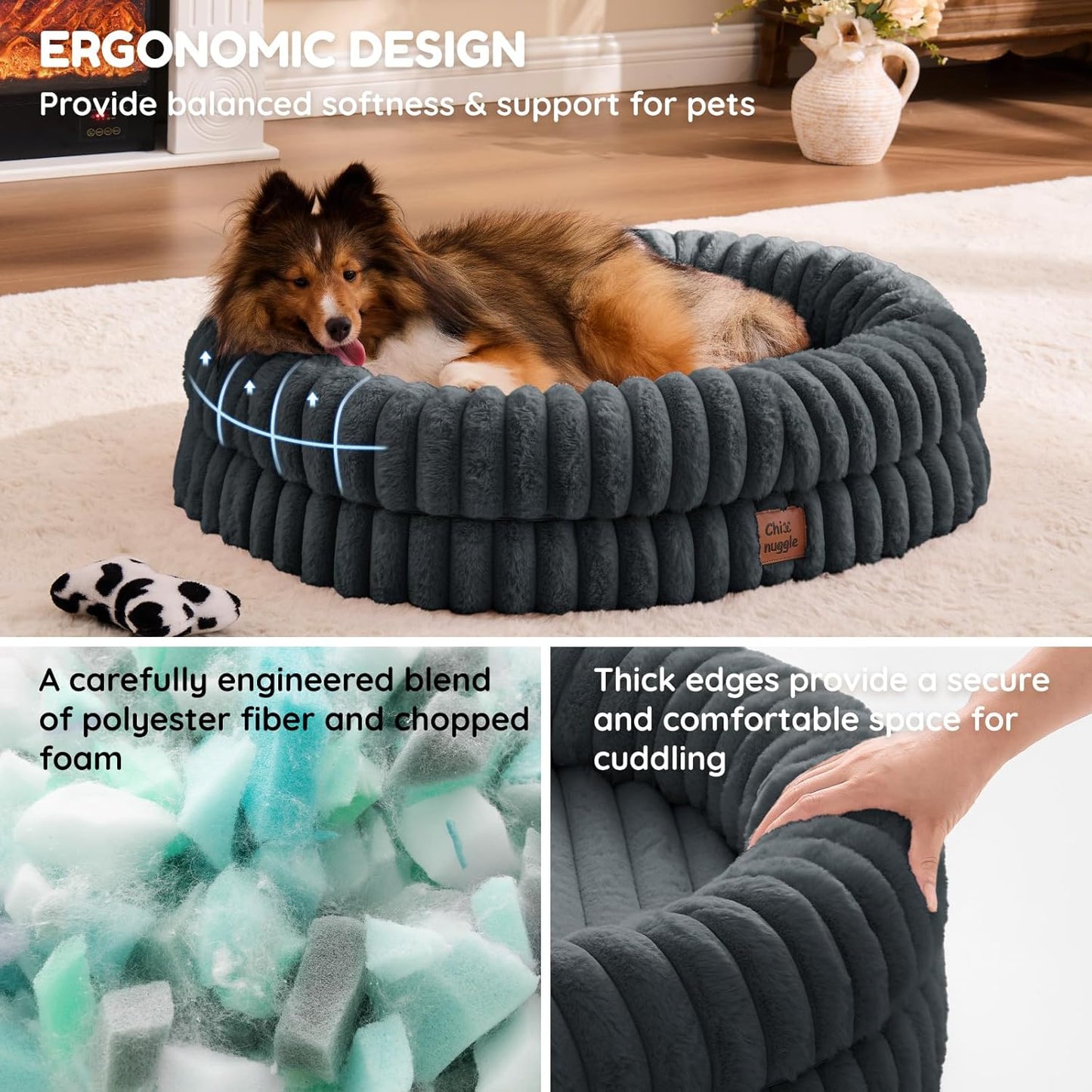 Dog Bed Medium Sized Dog - Luxury Striped Faux Fur Waterproof Pet Couch with Removable Washable Cover, Orthopedic Pet Bed with Bolster Sides for Sleeping, Dark Grey