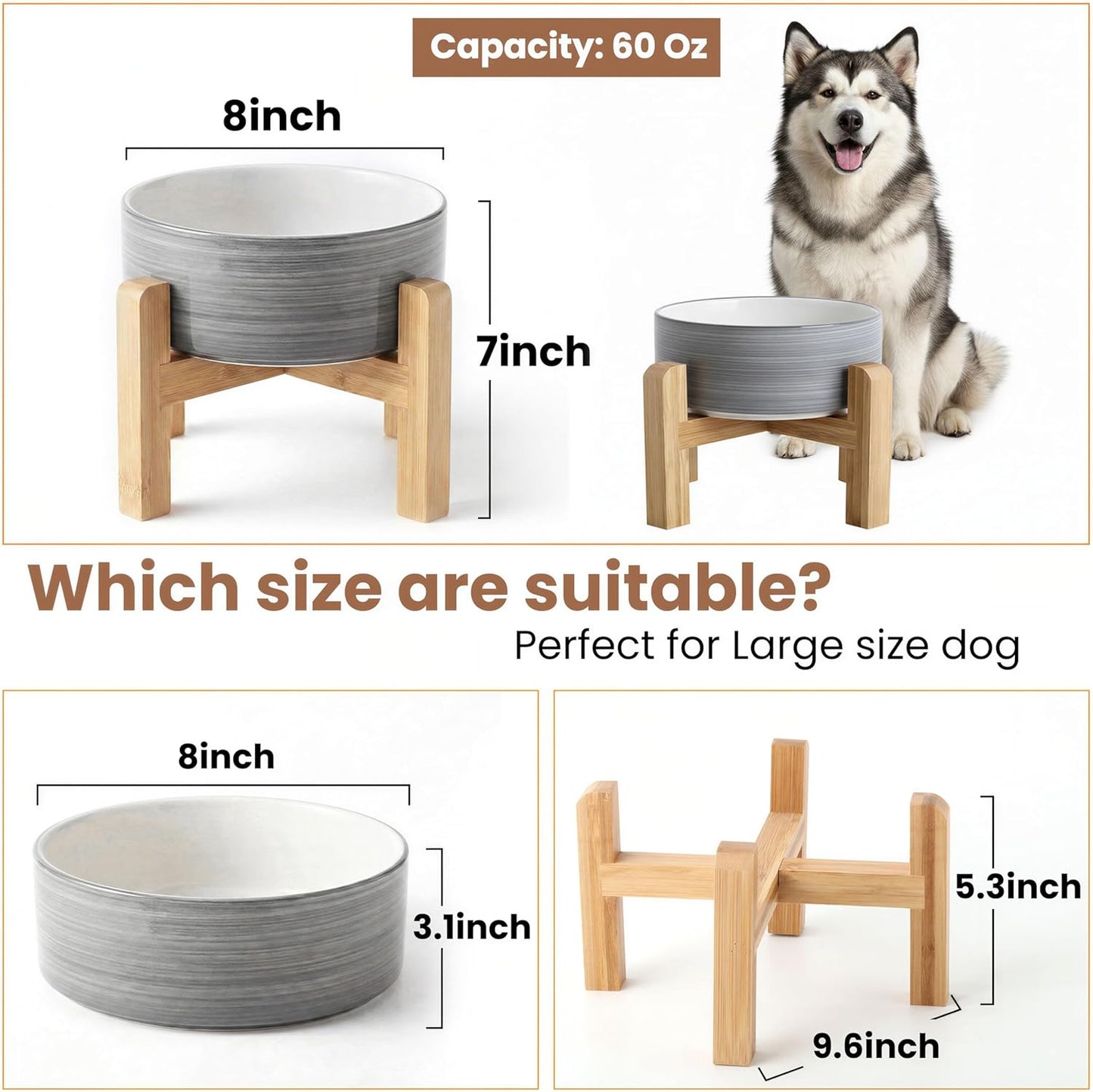 hjn Elevated Ceramic Dog Bowl with Bamboo Stand, Raised Pet Feeding Station for Small Medium Dogs Cats, Modern Design with Anti-Slip Base (White Gray, 7.6Cup)