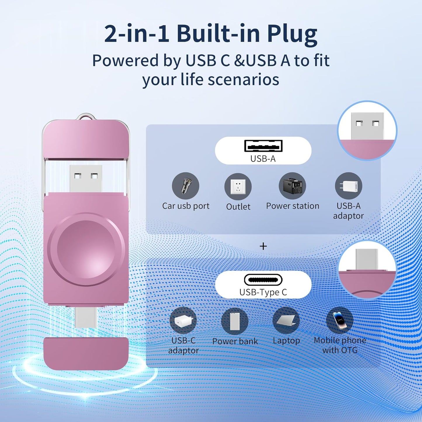 Charger for Apple Watch, Magnetic Portable iwatch Charger, USB C &USB A Fast Wireless Charging Travel Charger for Apple Watch Series 11/10/9/8/7/6/5/4/3/2/1/SE/UItra 2/Ultra,Pink