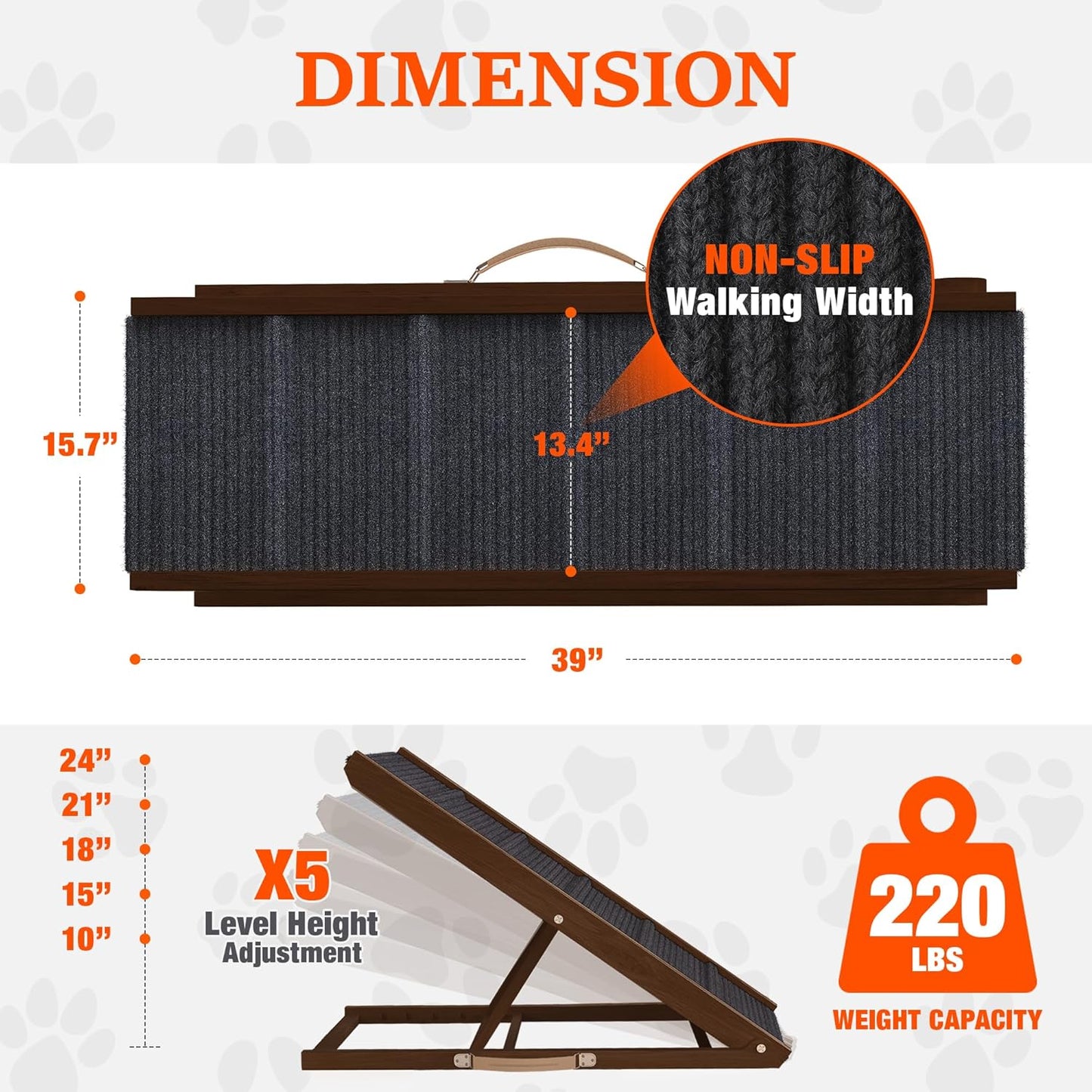 Adjustable Dog Ramp for Bed - 39" Long Foldable Wooden Ramp for Dogs to Get on Bed, Couch, or Car with 13.4" Wide Walking Space (Walnut Wood with Gray Carpet, Medium)