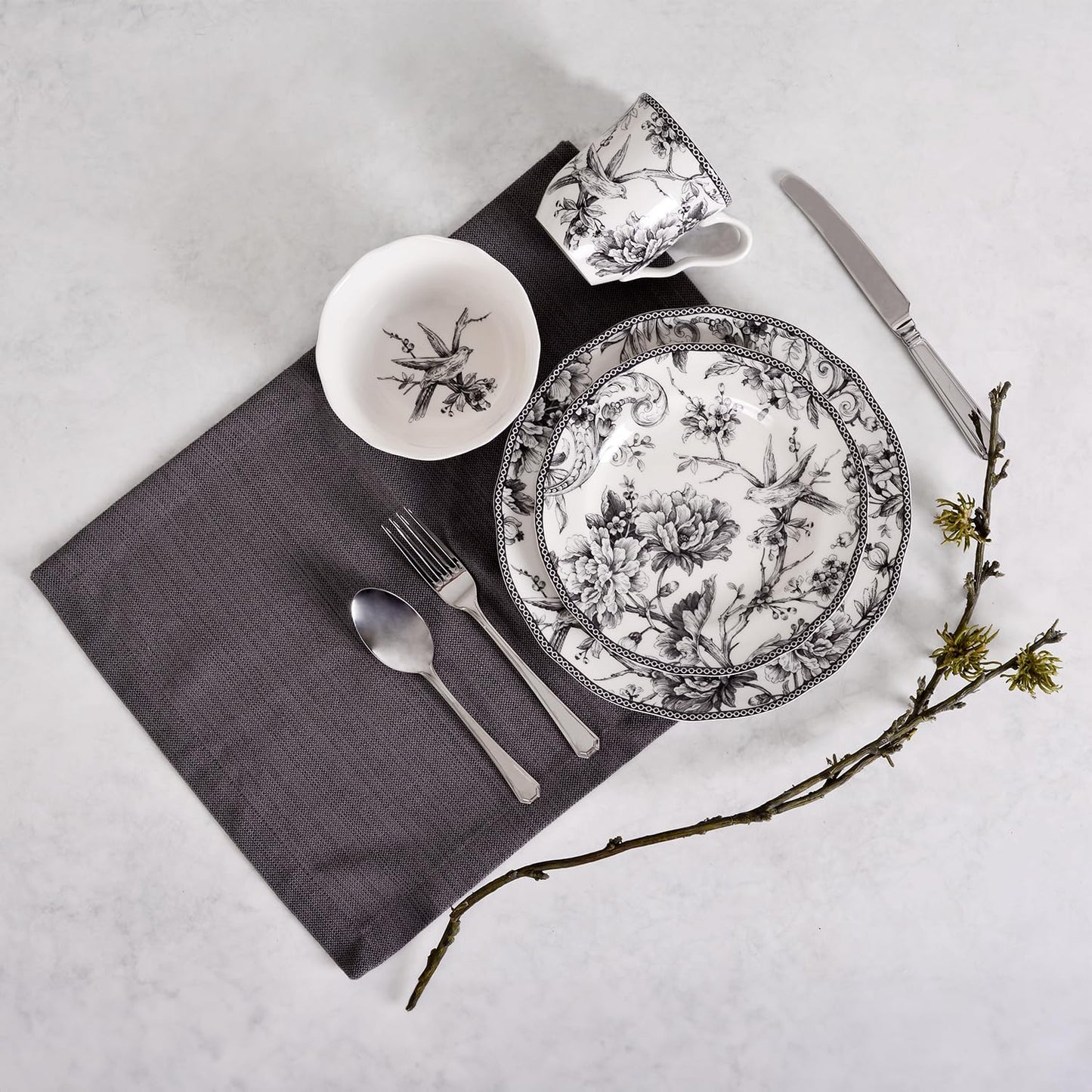 222 Fifth Adelaide 16-Piece Black Porcelain Dinnerware Set – Service for 4, Featuring Hand-Applied Romantic Woodland Bird Design, Everyday Big Dinner Plates and Bowls Sets, Microwave & Dishwasher Safe