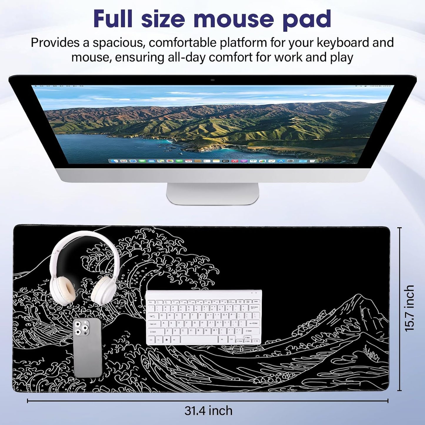 LifetimeWarrantly Japanese Sea Wave Large Gaming Mouse Pad – 31.5" x 15.7" Full Desk Mat, Non-Slip Rubber Base, Waterproof, Stitched Edges, Durable Surface for Esports, Office, Home