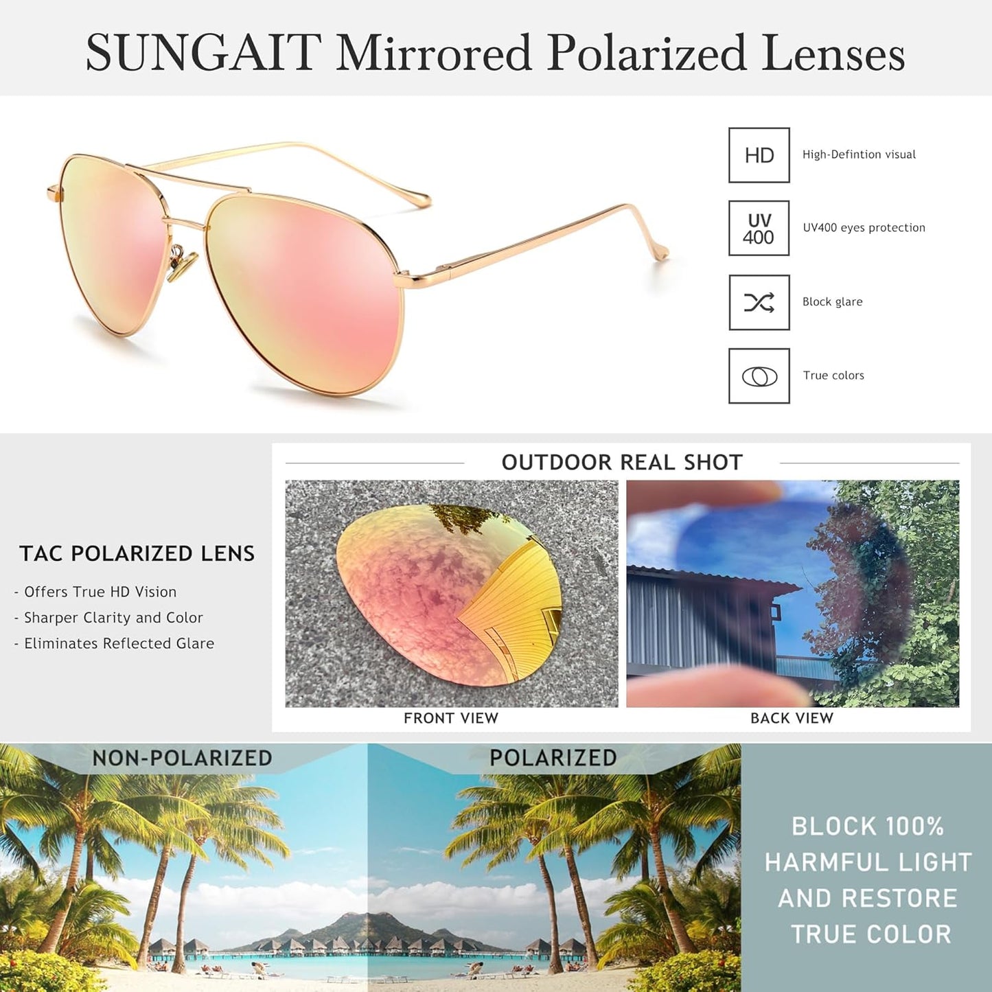 SUNGAIT Women's Lightweight Oversized Aviator Sunglasses - Classic Style Polarized Lens