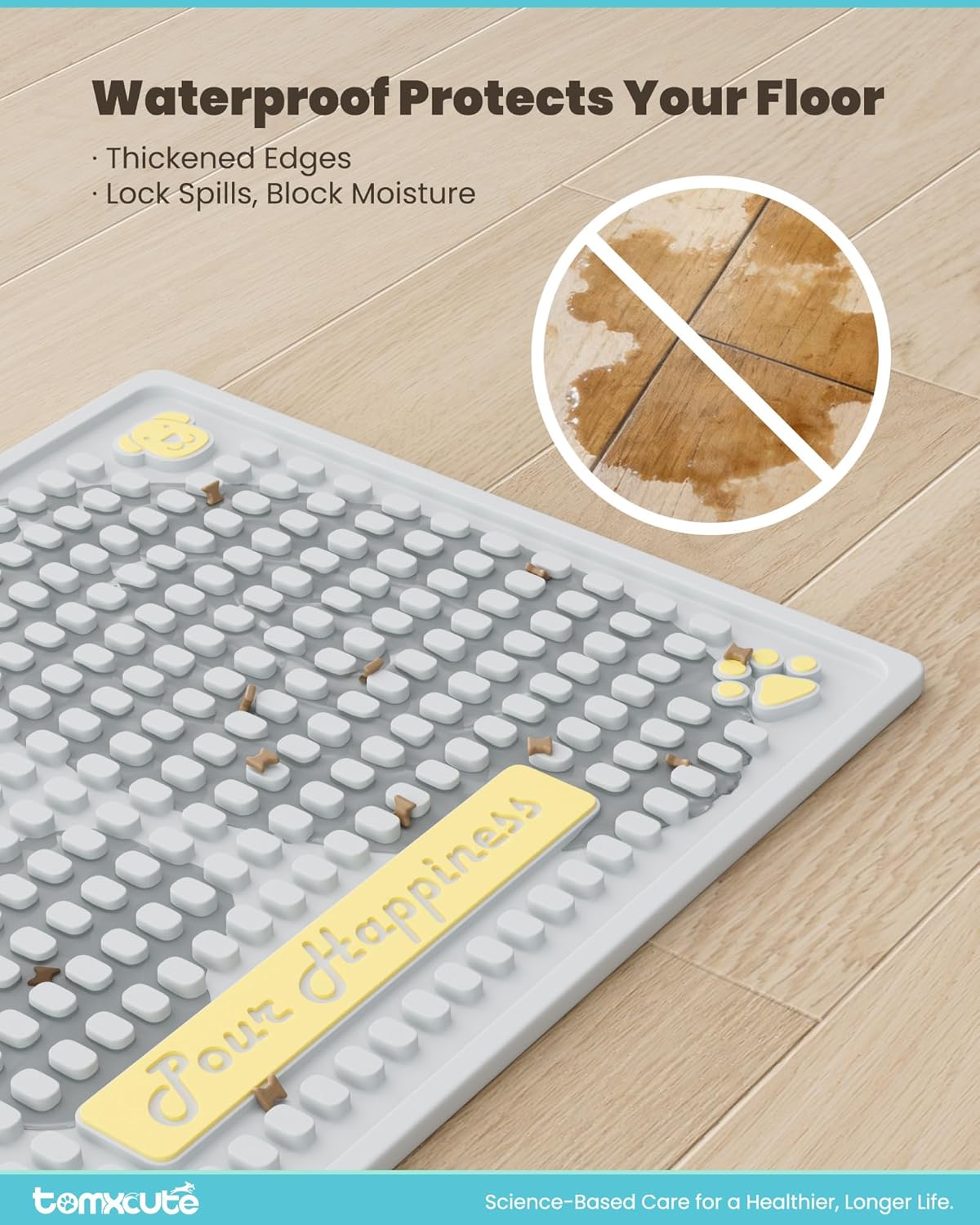 Tomxcute Extra Thick Pet Feeding Mat 19.7" x 14.2", BPA-Free Food-Grade PVC, Waterproof Raised Edge Non-Slip Bowl Mat for Cat Water Fountain & Automatic Feeder, Textured Fast-Drain, Brush Included