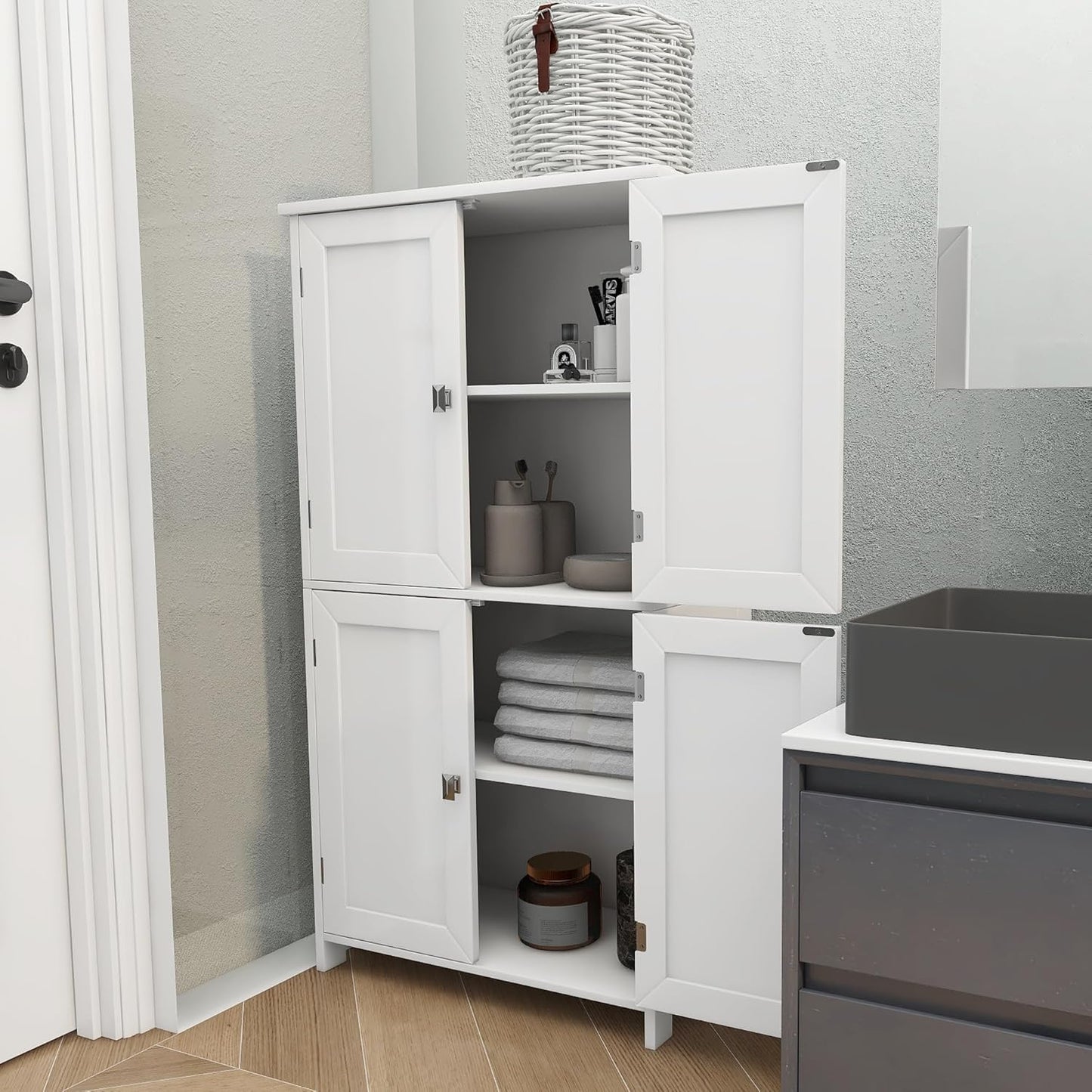 TaoHFE 2 Tier White Bathroom Storage Cabinet,Wood Bathroom Cabinets Freestanding with 4 Door Organizers Storages with Adjustable Shelves, Storage Cabinet for Living Room,Laundry Room,White
