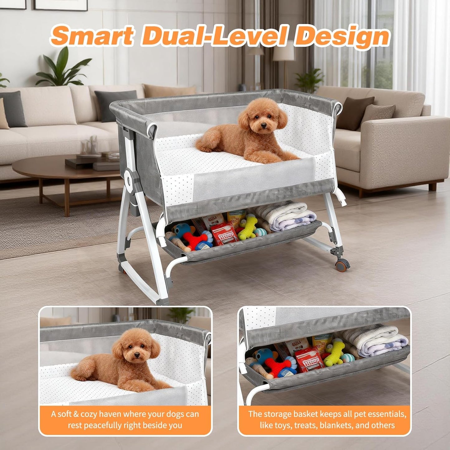 YUEPET Bedside Dog Bed Sleeper, 6-Level Adjustable Pet Bassinet with Lockable Wheels, Removable Washable Cover, Breathable Mesh & Large Storage Extension for Small Medium Dogs Cats (35'' × 21.7''