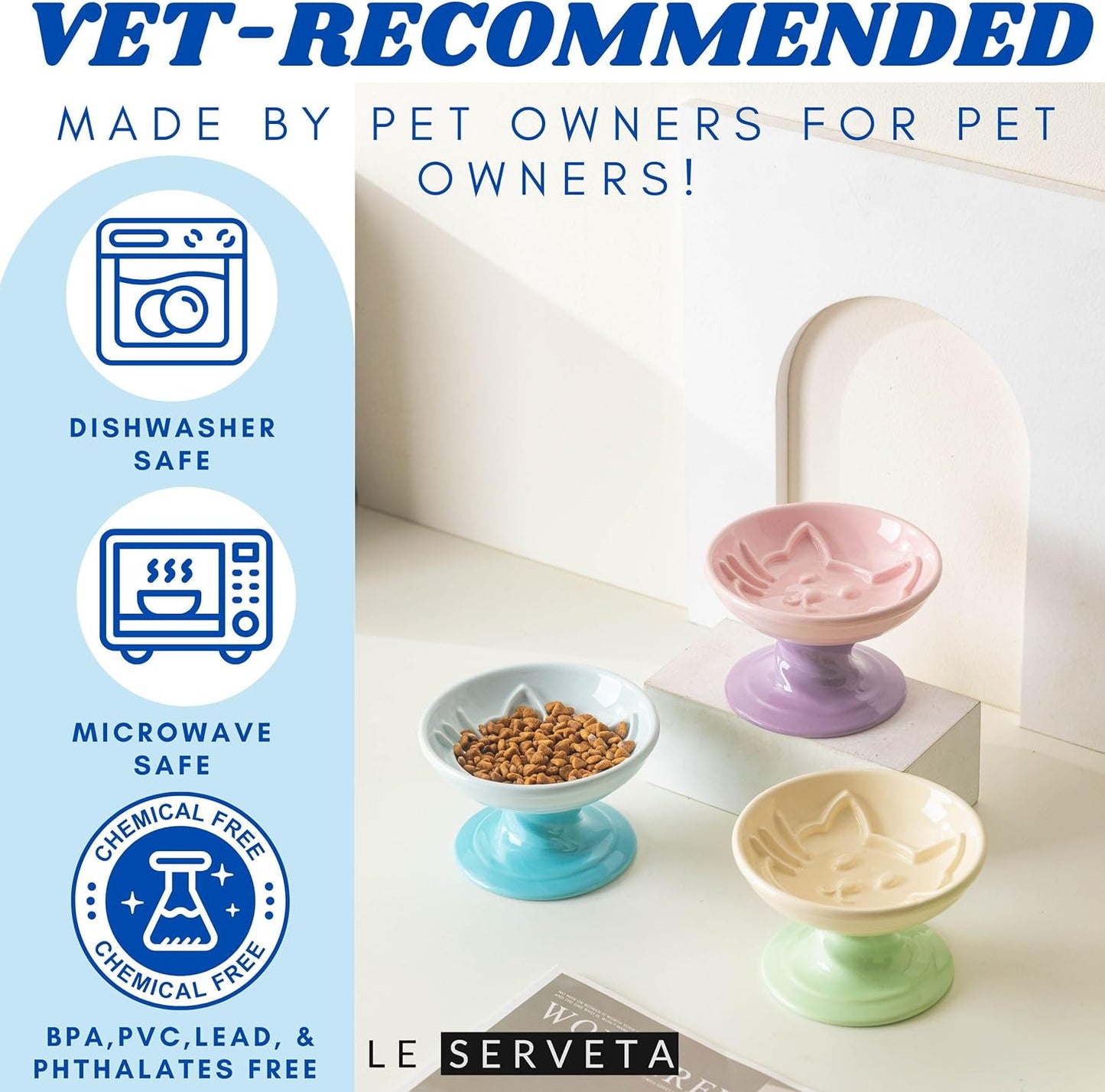 Elevated Twisting Design Cat Food Slow Feeder, Ceramic Raised Cat Dishes with Decorative Twisting Design Stand, Macaron Colors, Slow Feed Design (Blue)