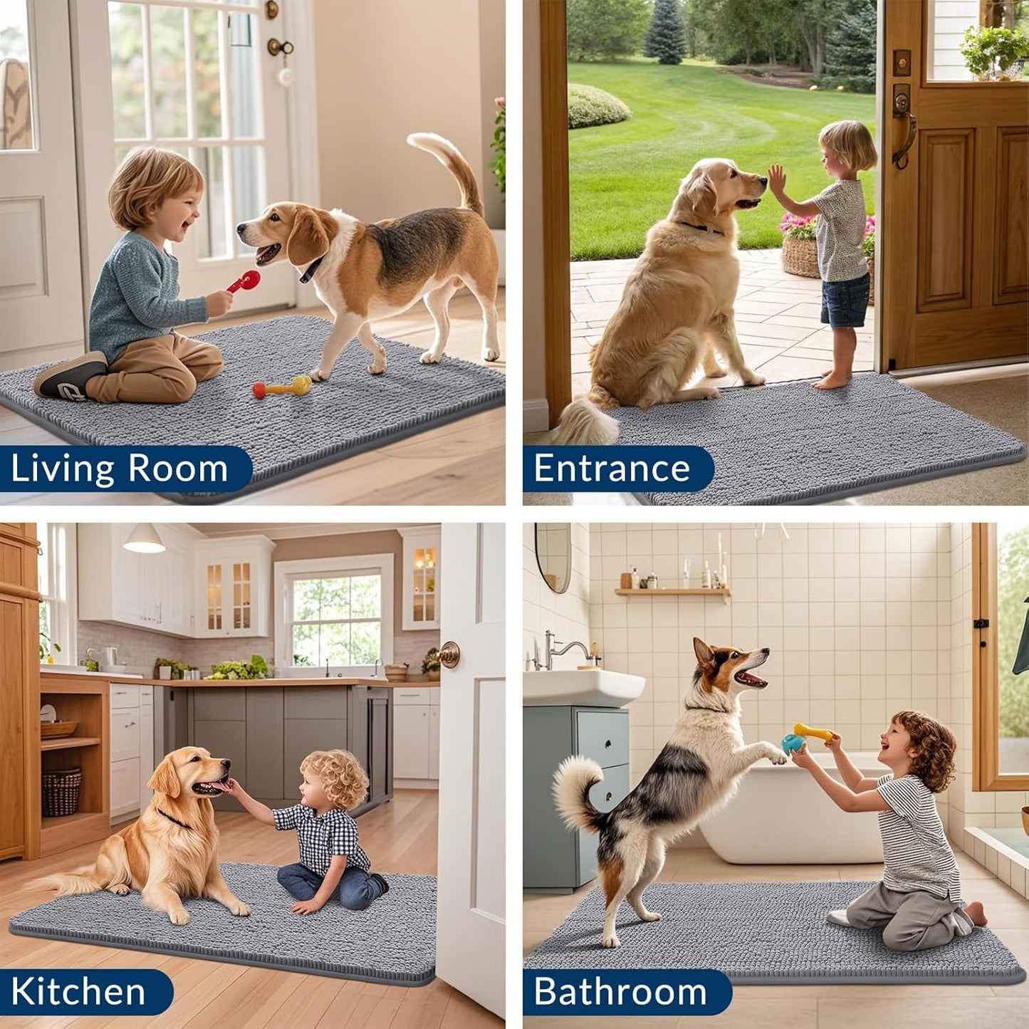 Smiry Dog Door Mat for Muddy Paws 36x24, Absorbs Moisture and Dirt Doormat, Non-Slip Washable Quick Dry Chenille Front Door Mat Indoor Entrance, Entryway Carpet for Inside Floor, Grey
