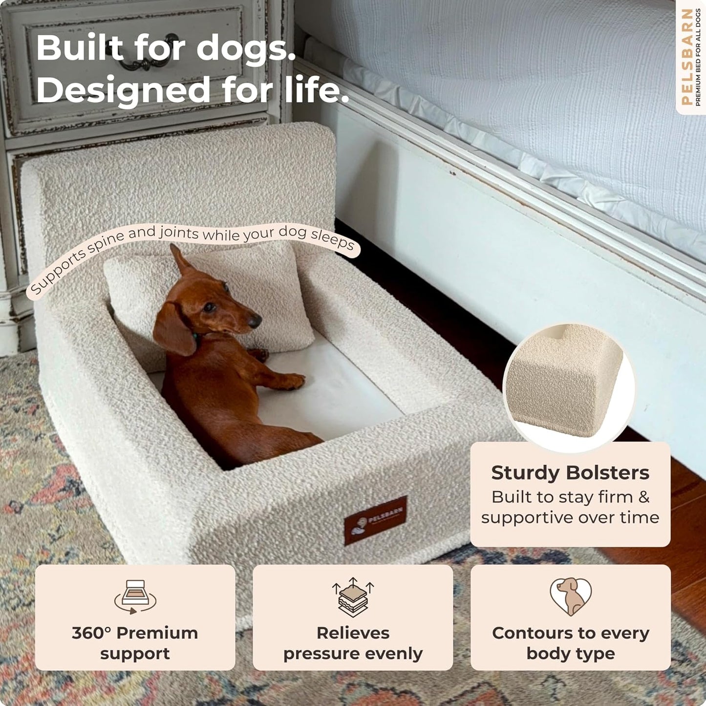 Pelsbarn Real Orthopedic Dog Bed, High-Density Memory Foam with Waterproof Fitted Sheets - Machine Washable, Small, Beige