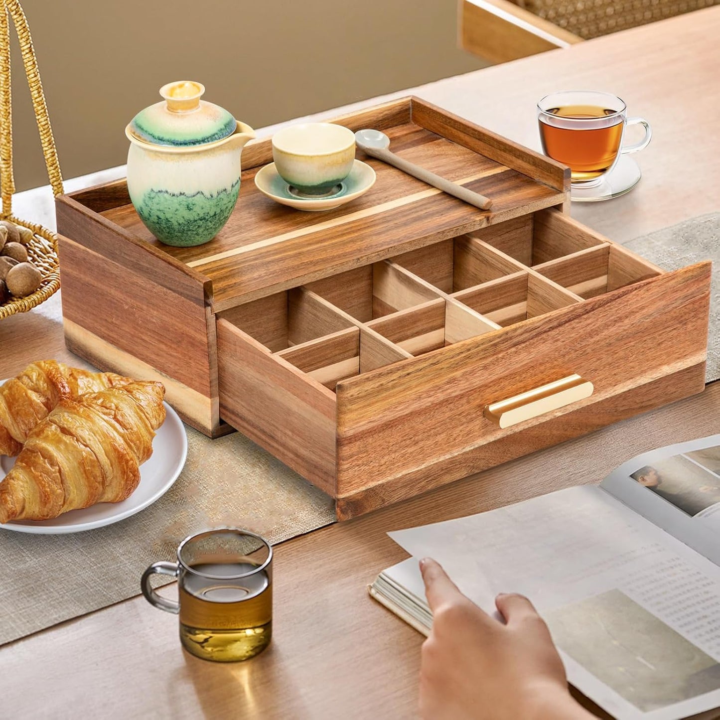 Tea Bag Organizer, Wood Tea Organizers and Storage Box, Tea Bag Holder Station Caddy Container for Countertop, Tea Accessories Gift Box with Drawer