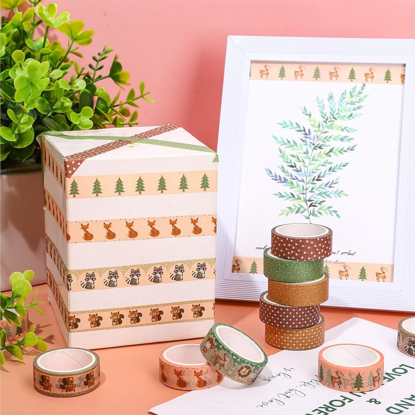 Whaline 12 Rolls Woodland Animal Washi Tape Forest Safari Creature Decorative Masking Tape Set Cute Wrapping Paper Tape for Scrapbook Journal DIY Art Crafts