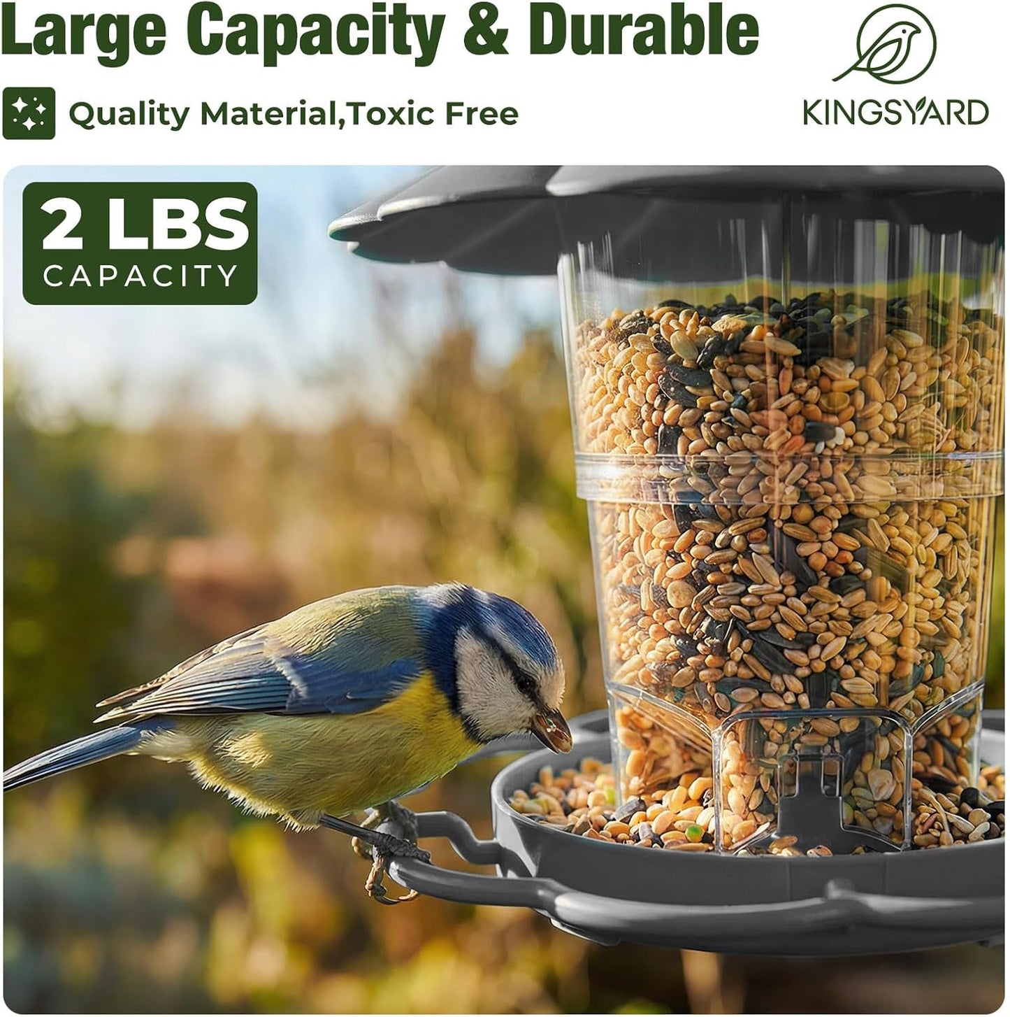 Kingsyard Bird Feeder for Outside Outdoors Hanging, Adjustable Hopper Feeders with Wide Seed Tray and Rainproof Roof, Wild Birds Feeder for Garden Backyard Decoration, 1 Pack, Grey