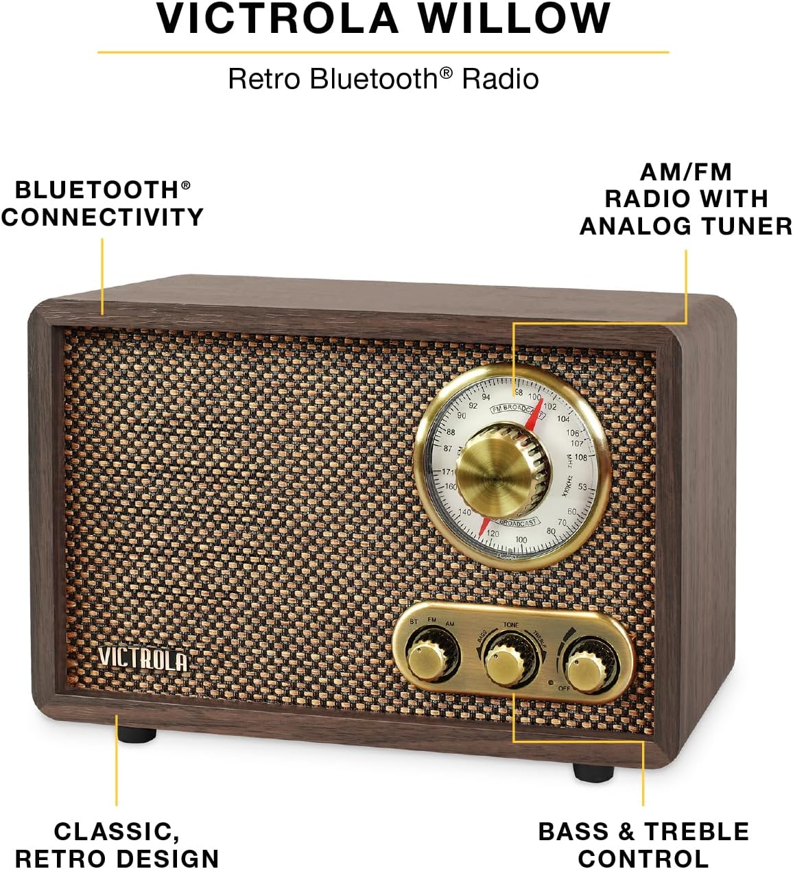 Victrola Willow – Retro Wood Bluetooth Radio with Built-in Speakers: Elegant & Vintage Design, Rotary AM/FM Tuning Dial, Bass & Treble Control, Wireless Streaming (Walnut)