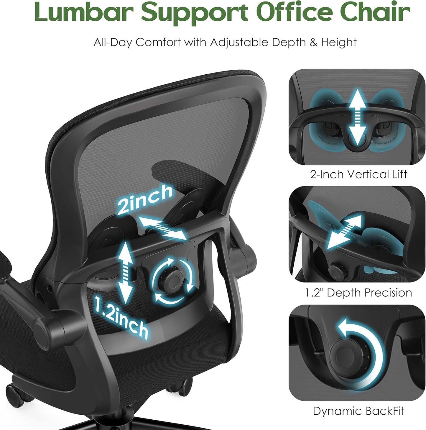Office Chair Ergonomic Desk Chair - Mesh Comfy Home Desk Office Chairs with Wheels Adjustable Lumbar Support Flip up Armrest Executive Rolling Swivel Teacher Task Computer Chair Black