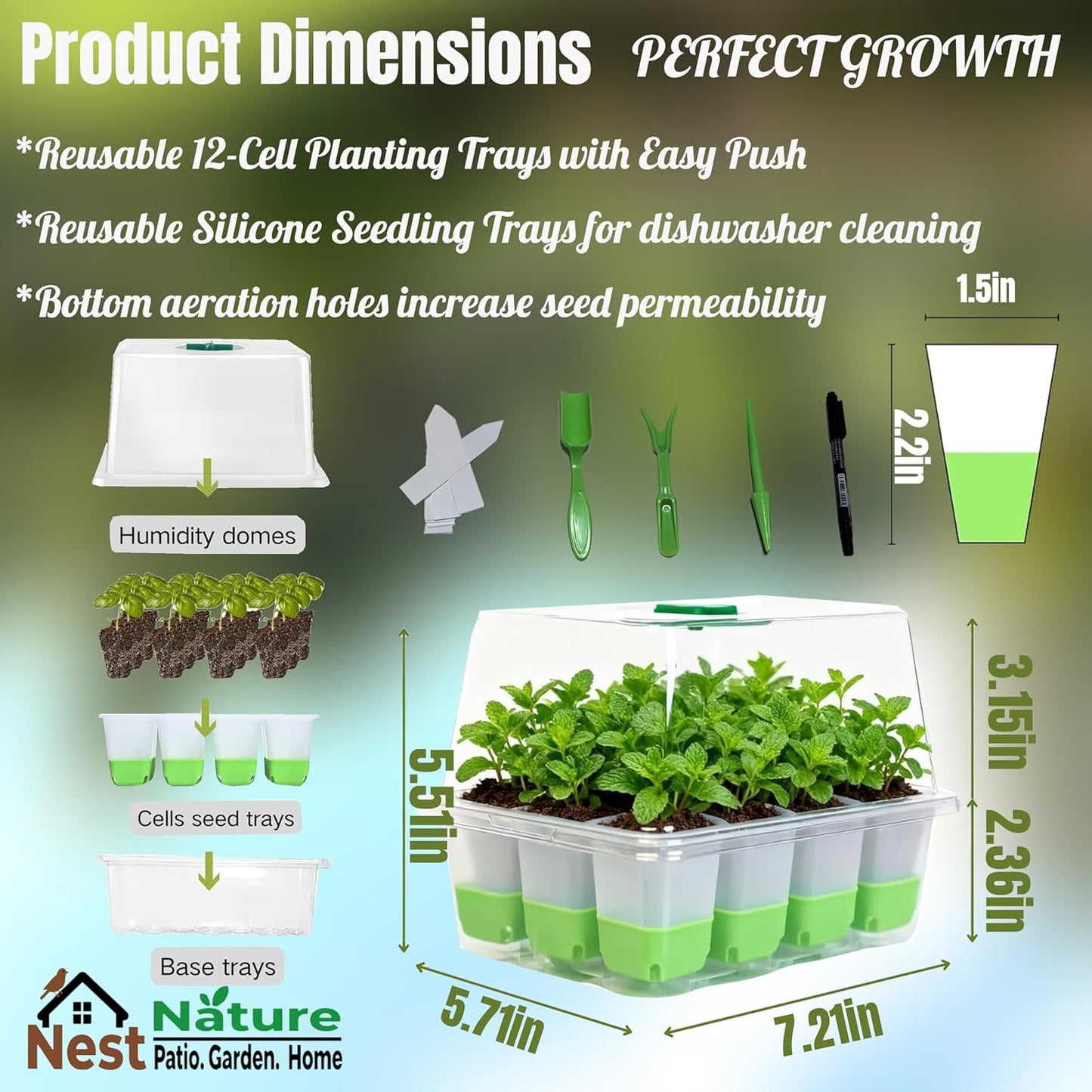 Reusable 60Cell Seed Starter Trays With Humidity Dome & Lids - 60 Cells, Flexible Pop-Out Design, BPA-Free Silicone Seedling Kit for Indoor Gardening, Greenhouse Planting, Dishwasher Safe