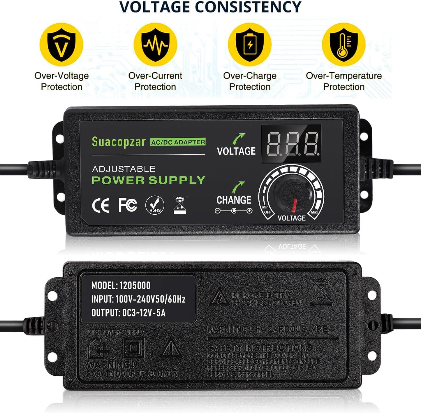 60W Power Supply Adjustable DC 3V ~ 12V 5A, Variable Universal Switching AC/DC Adapter with LED Display, 100V-240V AC to DC Converter with 5.5x2.1mm & 5.5x2.5mm, Variable Adapter for LED Strip Light
