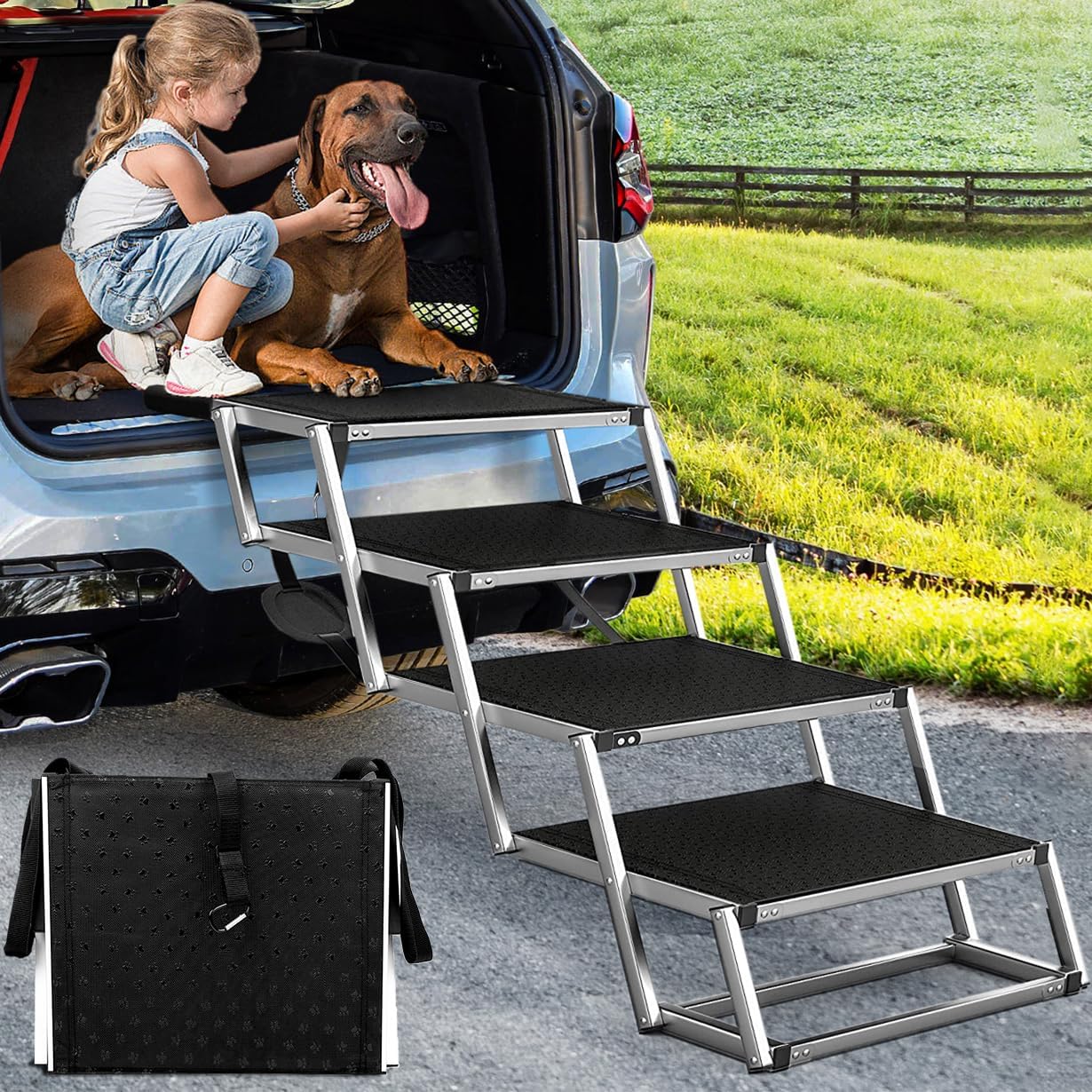 Joyrally Extra Wide Dog Stairs for Large Dogs,Dog Stairs for Cars,Foldable Dog Ramp Pet Steps Light Weight Aluminum,High Beds, Trucks, Supports up to 200 lbs (Extra Wide-4 Steps)