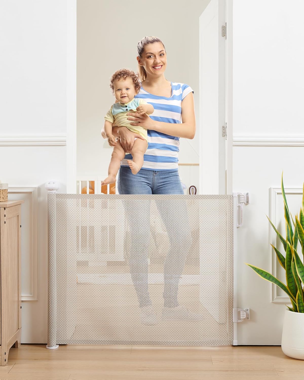 Retractable Baby Gate, Exquisite Rattan Mesh, 33" Tall, Expands to 55" Wide, Dog Gate for Stairs, Doorway, Hallway, Indoor/Outdoor Pet Fence, Walk-Through Design with No Bottom Bar, Beige