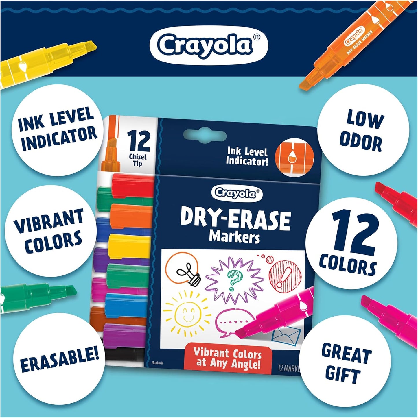 Crayola Take Note Dry Erase Markers for School (12ct) Essential Easter Basket Stuffers, Chisel Tip Whiteboard Markers, Spring Craft Supplies for Teachers, Low Odor