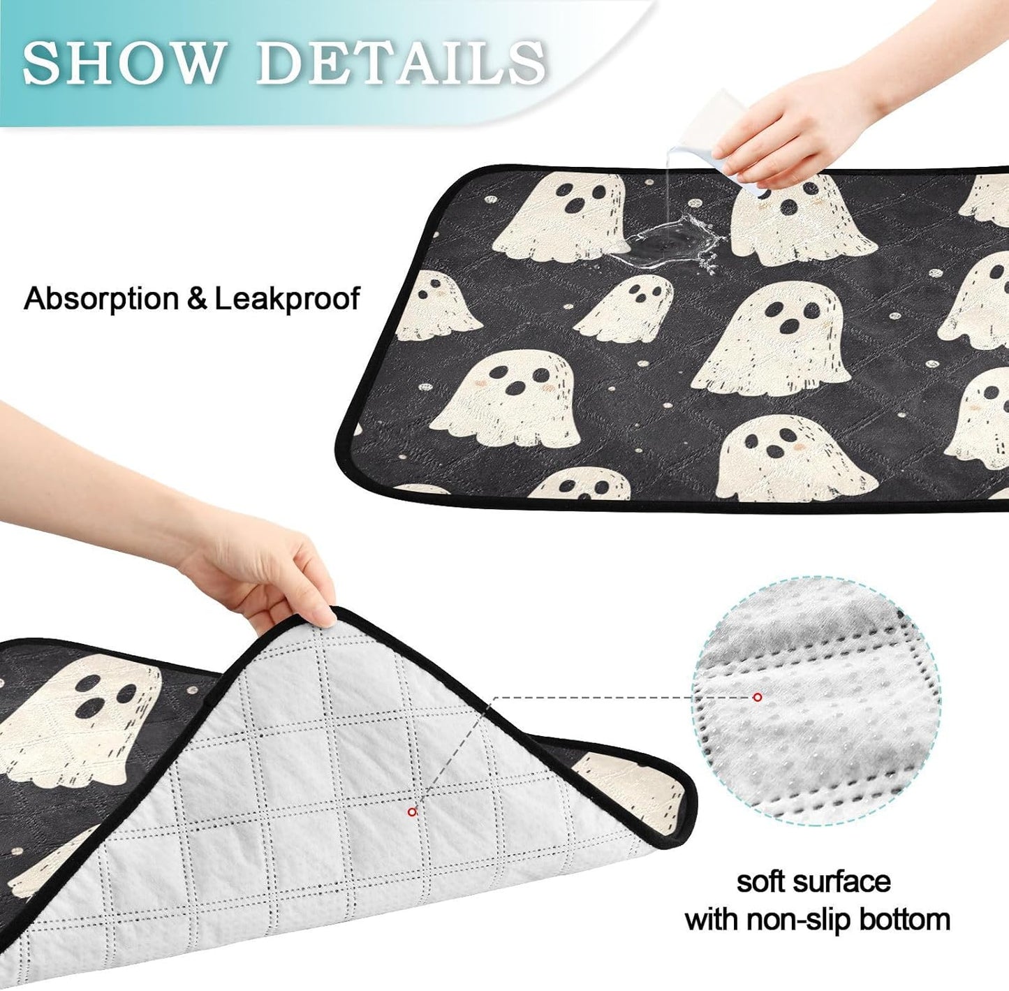 Cute Halloween Ghost Blacck Washable Pee Pads for Dogs Reusable Puppy Pad Super Absorbent Non Slip Lightweight Protect Pet Pads Couch Playpen Housebreaking 2Pack Medium and Large