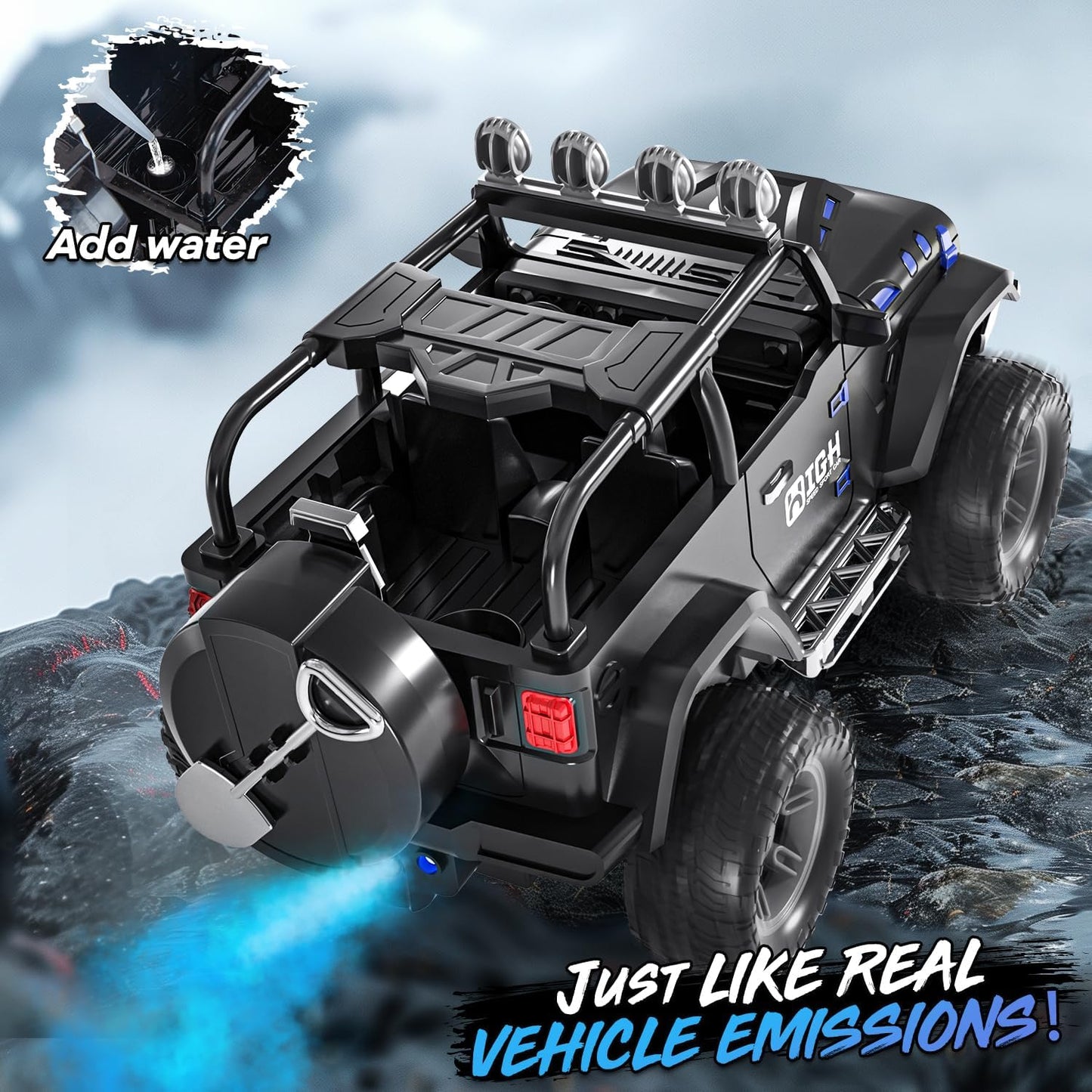 1:16 Remote Control Car with Spray, Lights and Sound, 2.4GHz Remote Control Jeep for Kids, All Terrain Off-Road Jeep RC Car Toys Gift for Boys and Girls