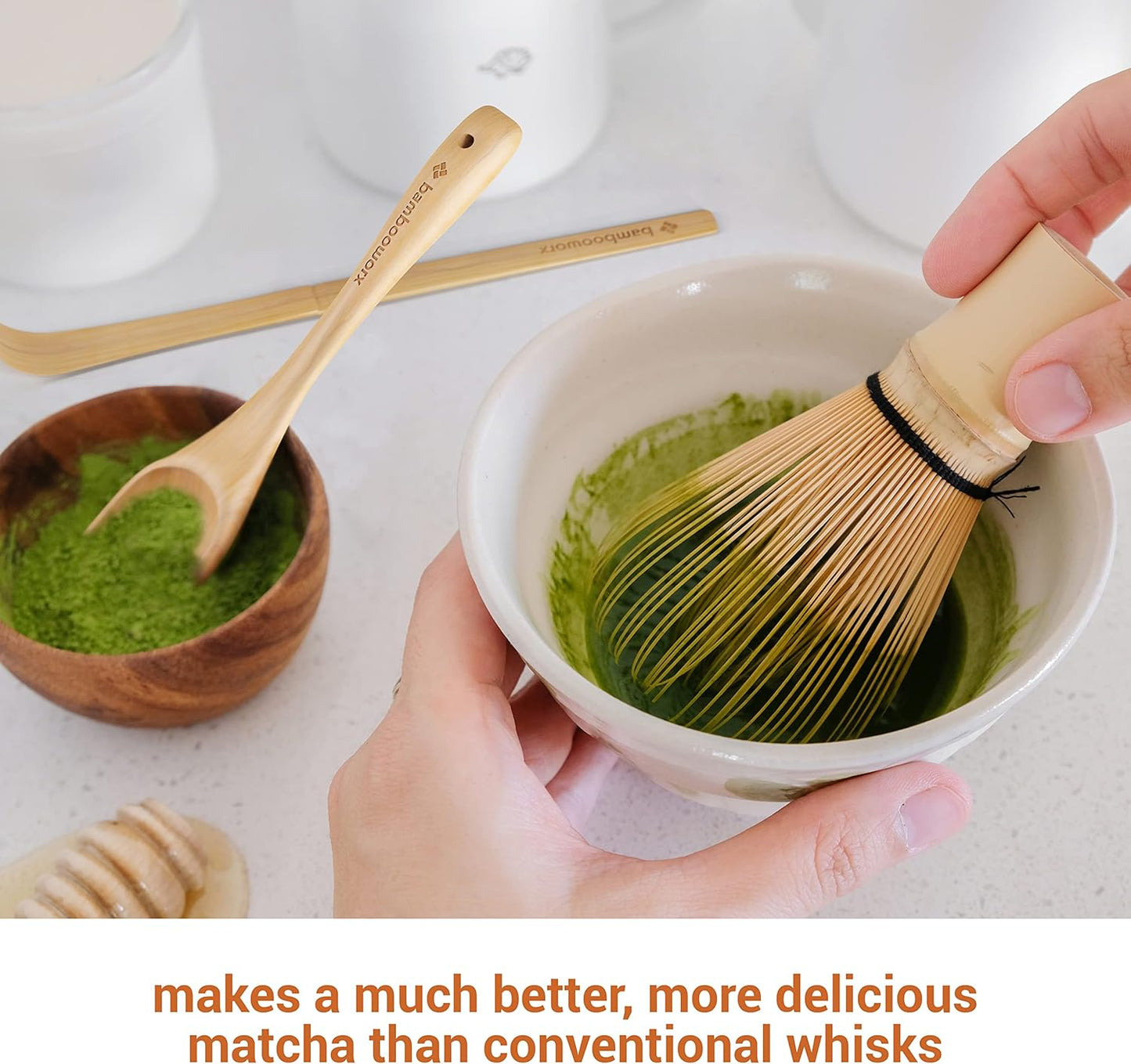 BambooWorx Matcha Whisk Set - (Chasen), Traditional Scoop (Chashaku), Tea Spoon. The Perfect Sets to Prepare a Traditional Cup of Japanese Tea, Handmade from 100% Natural Bamboo