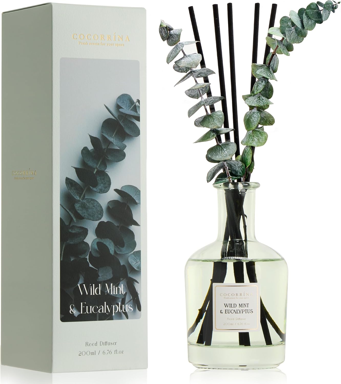 COCORRÍNA Eucalyptus & Wild Mint Reed Diffuser – 6.76 oz Essential Oil with 8 Reeds & Real Eucalyptus Sticks, Home Fragrance for Bedroom or Bathroom Décor