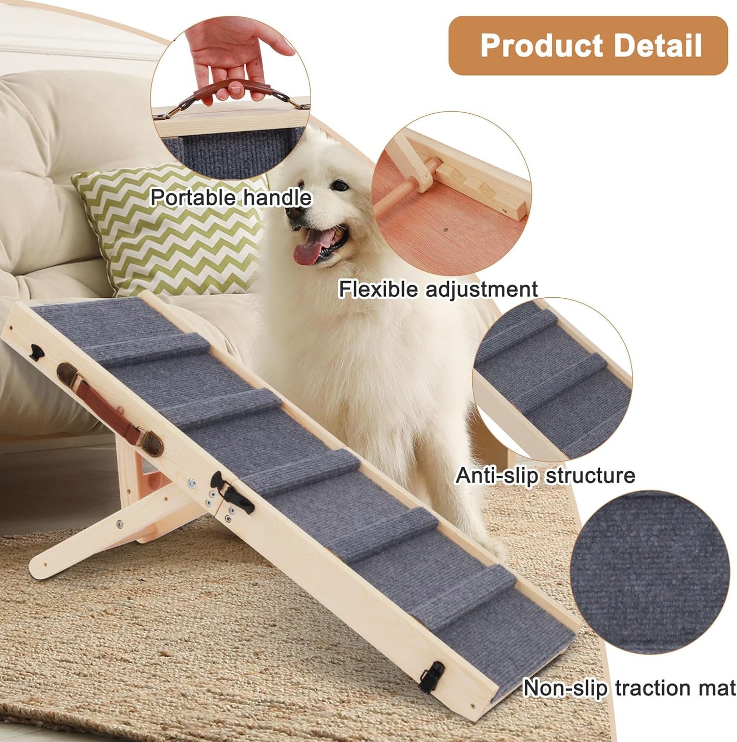 Rockever Dog Ramp, Folding Dog Ramp, Wooden Non-Slip Dog ramp for Couch for Small Medium Old Dogs, Adjustable from 11" to 14" 3 Levels Pet Ramp for Couch, Bed, Car