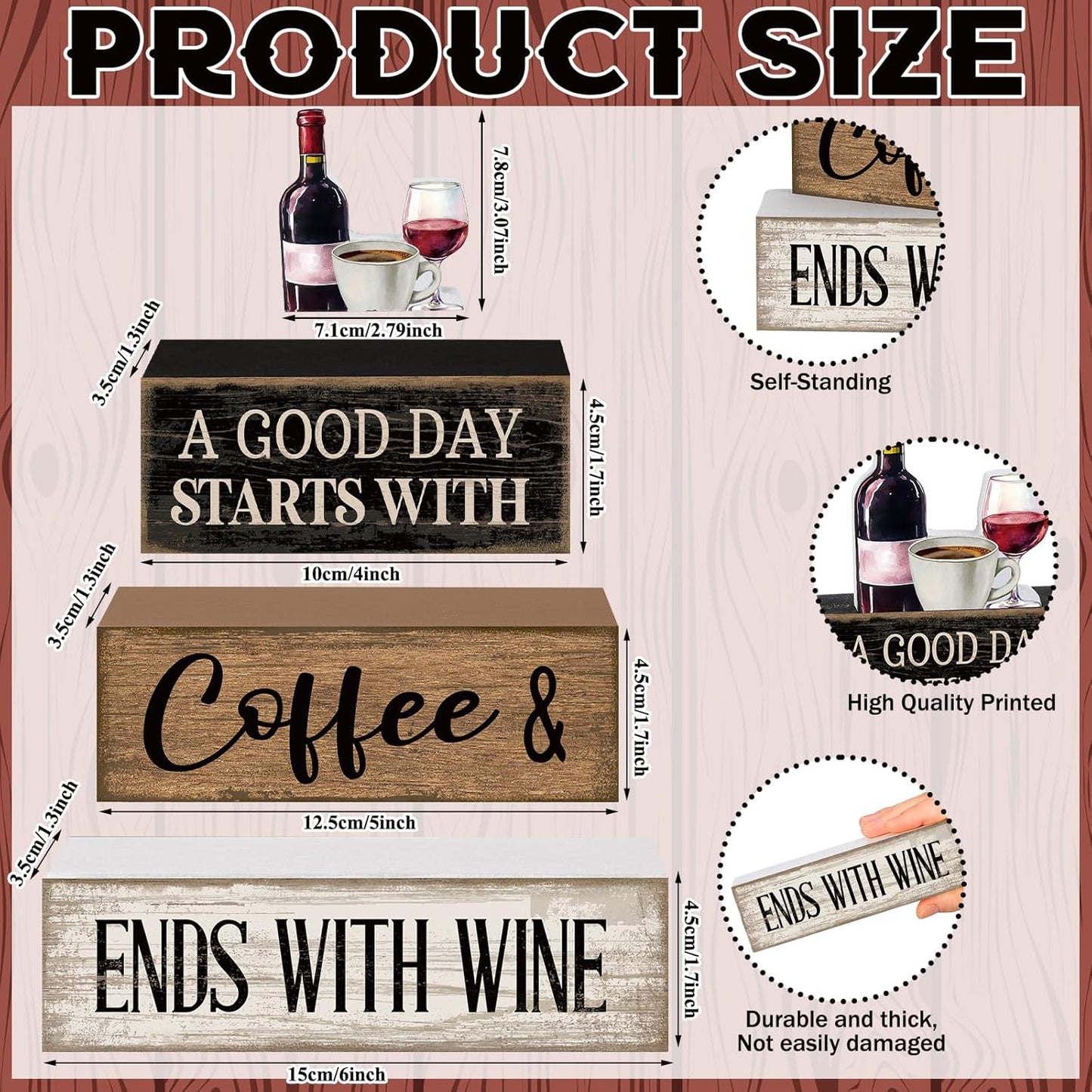 4 Pcs Farmhouse Table Decor Wooden Stacked Block Sign with Wine Bottle, Coffee Cup & Glass Sculpture a Good Day Starts with Coffee Ends with Wine Sign for Home & Bar Housewarming Gift