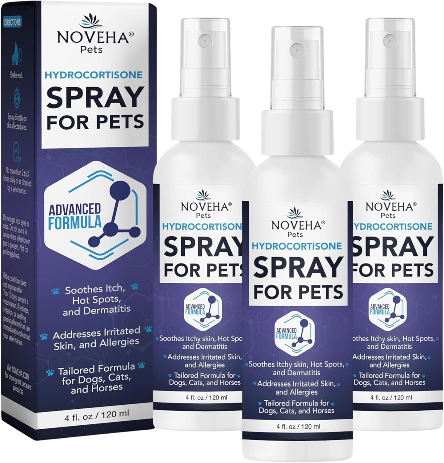 NOVEHA 1% Hydrocortisone Spray for Dogs, Cats, Horses – (3 x 120mL)