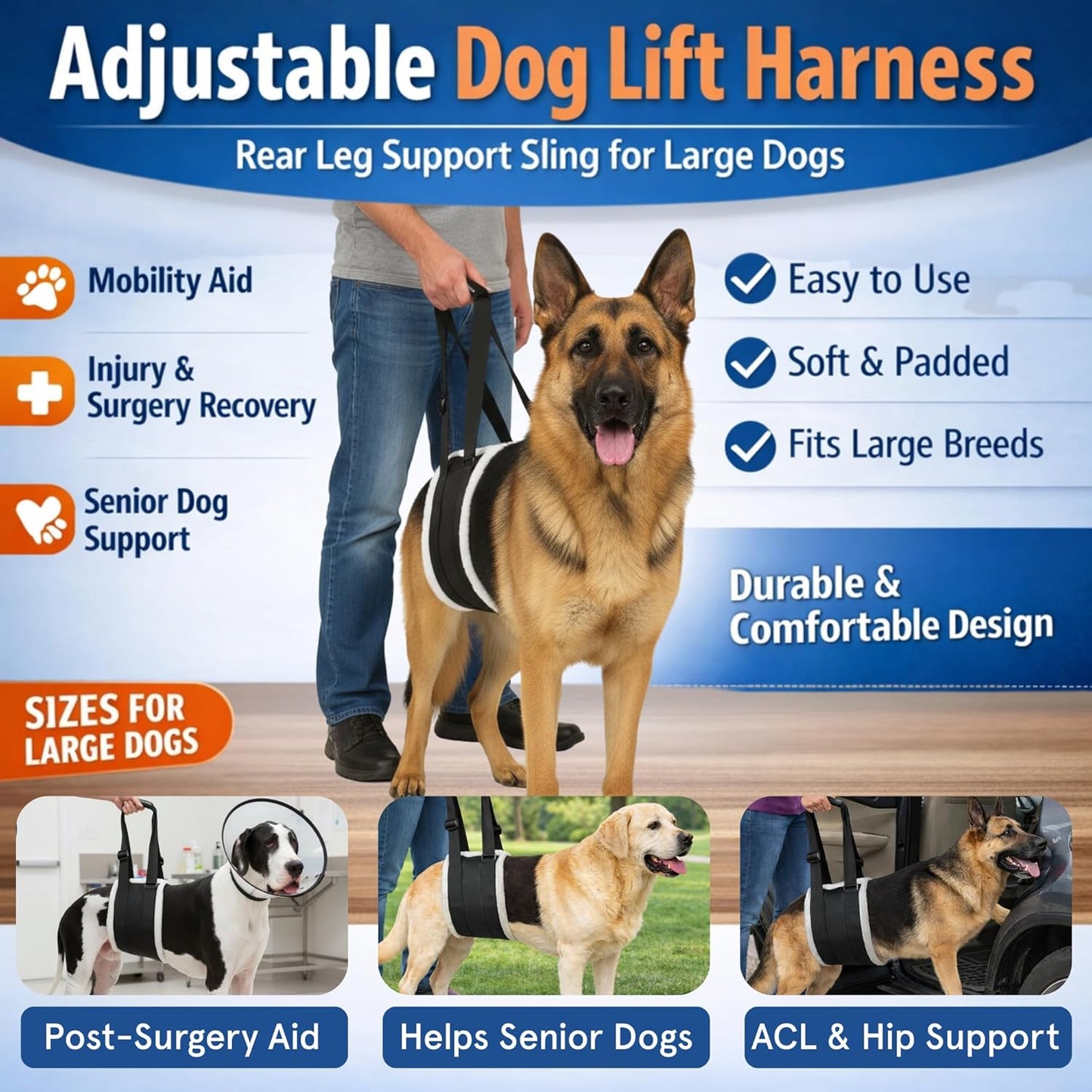 Adjustable Dog Lift Harness – Rear Leg Support Sling for Large Dogs | Mobility Aid for Senior, Injured & Post-Surgery Pets, ACL Surgery Dogs | Soft, Durable & Comfortable