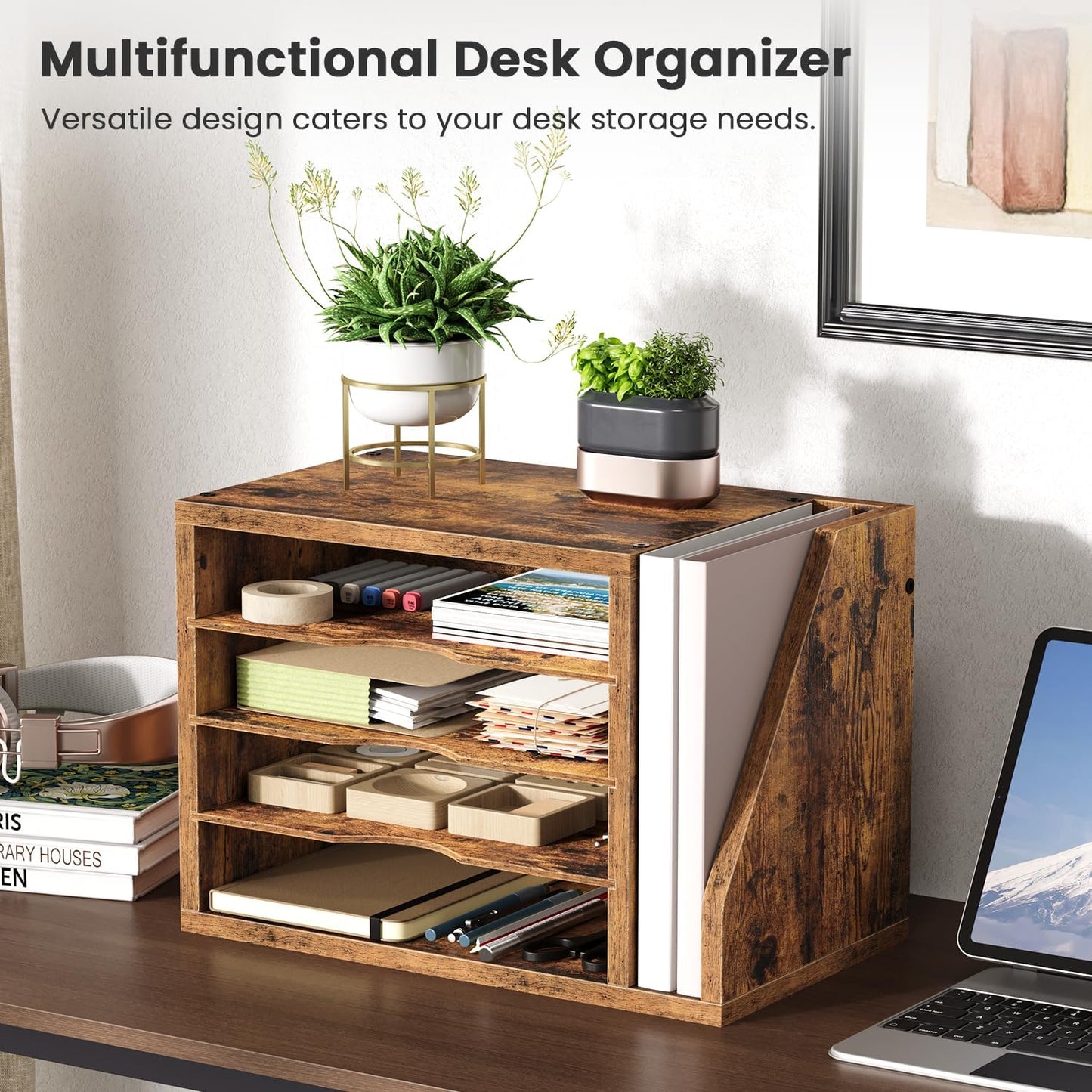 Mail Sorter, File Organizer Desktop, Wood Desk Organizer with 3 Adjustable Shelves, Mail Holder for Office, Home, Letter Sorter File Holders for Envelopes, Supplies Magazines, Rustic Brown