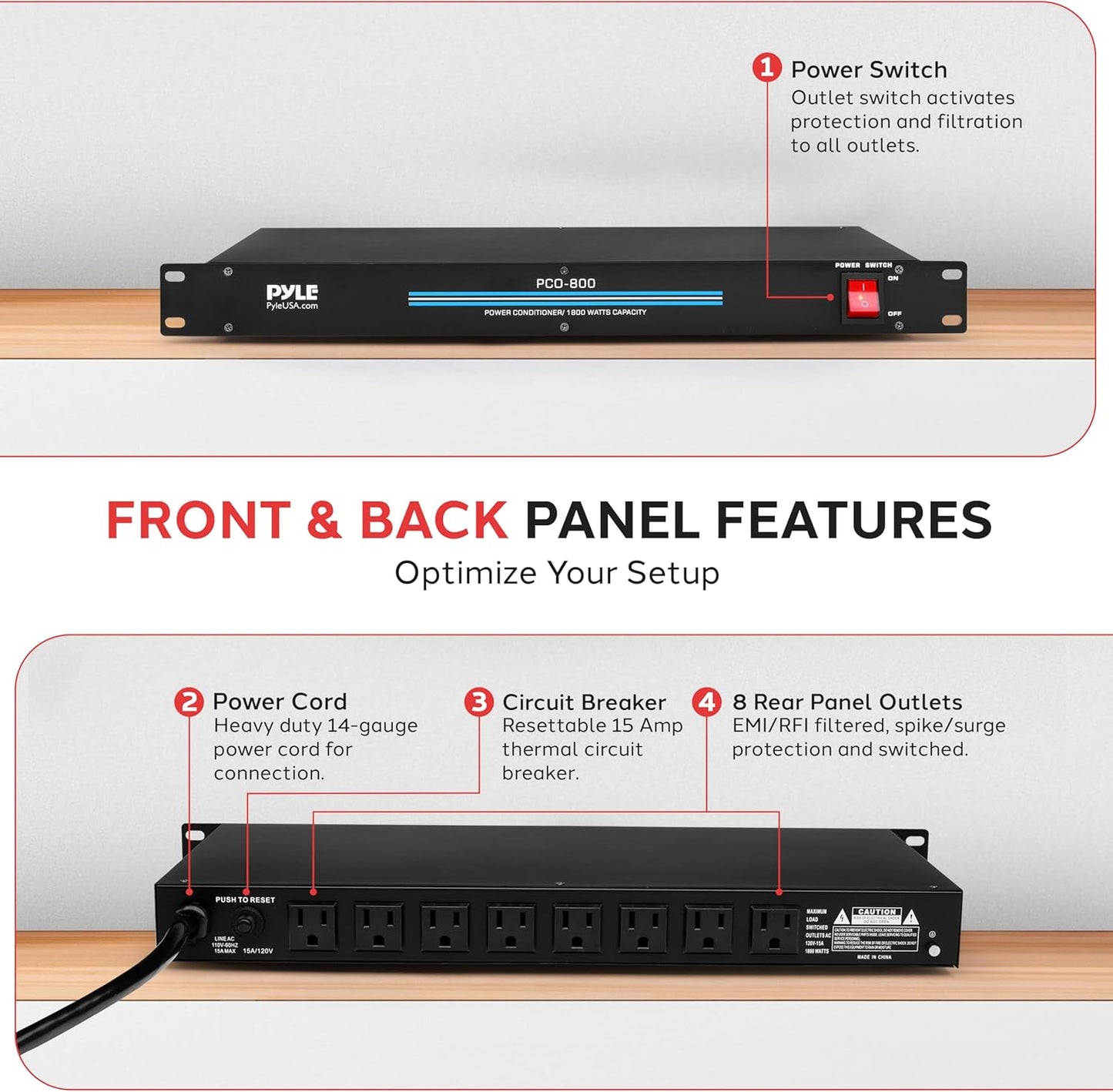 Pyle-Pro PCO800 19'' Rack Mount 1800 Watt Power Conditioner w/ 8 Outlets