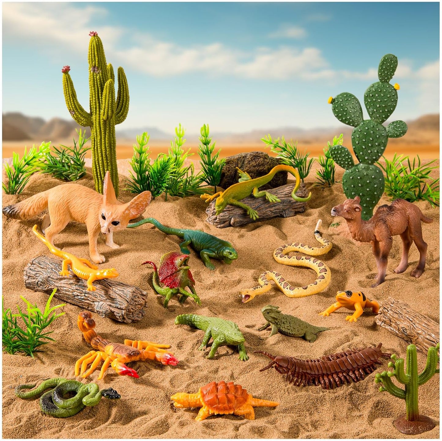 32 Pcs Desert Animal Figurines Set,Desert Diorama Supplies Playset Camel Fox Rattlesnake Lizard Tree Cactus Desert Decor for Kids Cake Toppers Party Favors School Projects Educational Learning