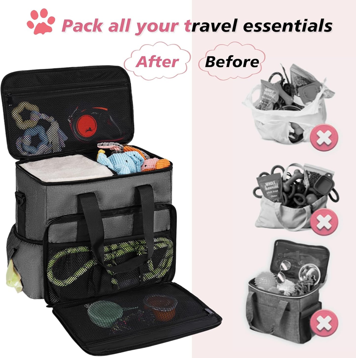 Dog Travel Bag, Large Pet Travel Set with Multi-Function Pockets, 2 Food Storage Containers, 2 Collapsible Bowls, 1 Feeding Mat for Pet Supplies, Road Trip Essentials, Weekend Camping (Black)