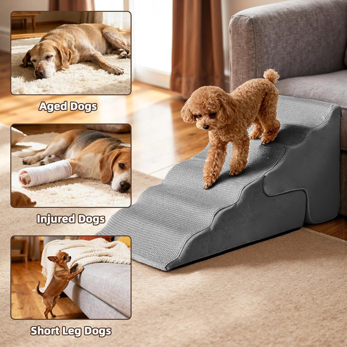 Mestuel Dog Stairs for Small Dogs Cats, Small Pet Stairs Steps, Foam 3-Tier Pet Stairs Steps for Couch Sofa, Dog Ramp Ladder Indoor with Nonslip Bottom &Washable Cover, Beige