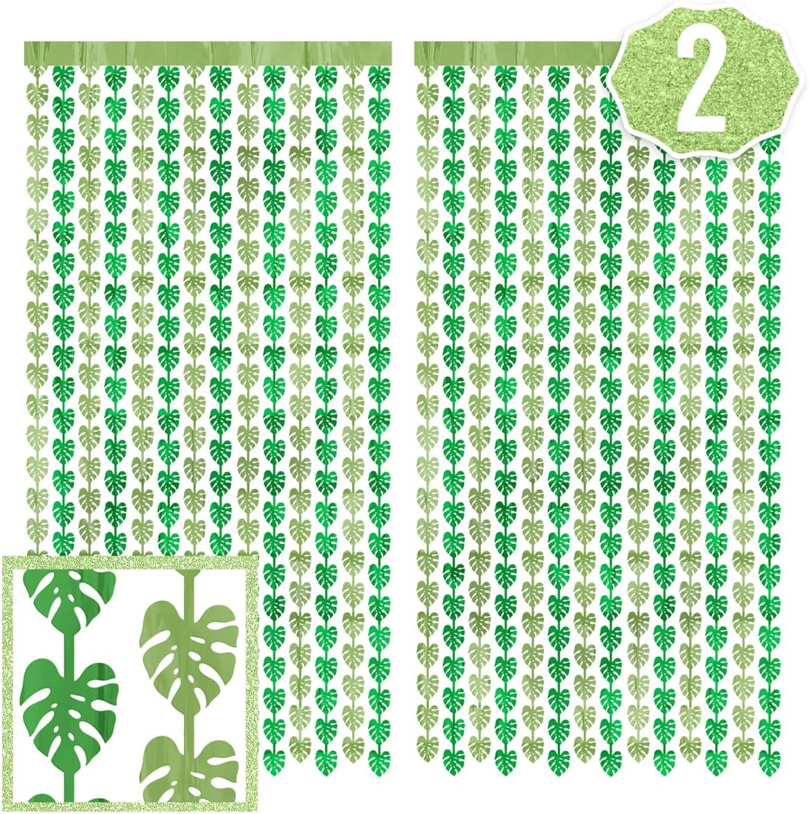 xo, Fetti Jungle Leaf Foil Curtain - Set of 2, 3x7 ft | Safari Theme Party Decorations, Zoo Animal Birthday Party Supplies, Baby Shower Favors